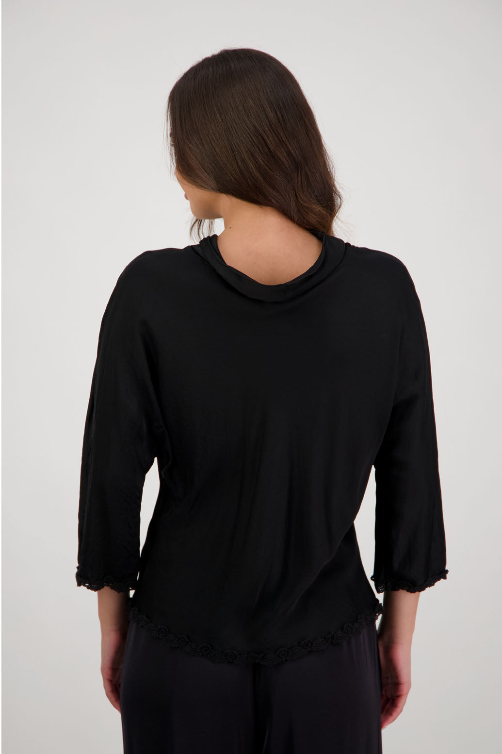 Rosanna Top in Black by Briarwood NZ. 100% viscose topwith roll neck, 3/4 sleeves, bias cut, lace trim