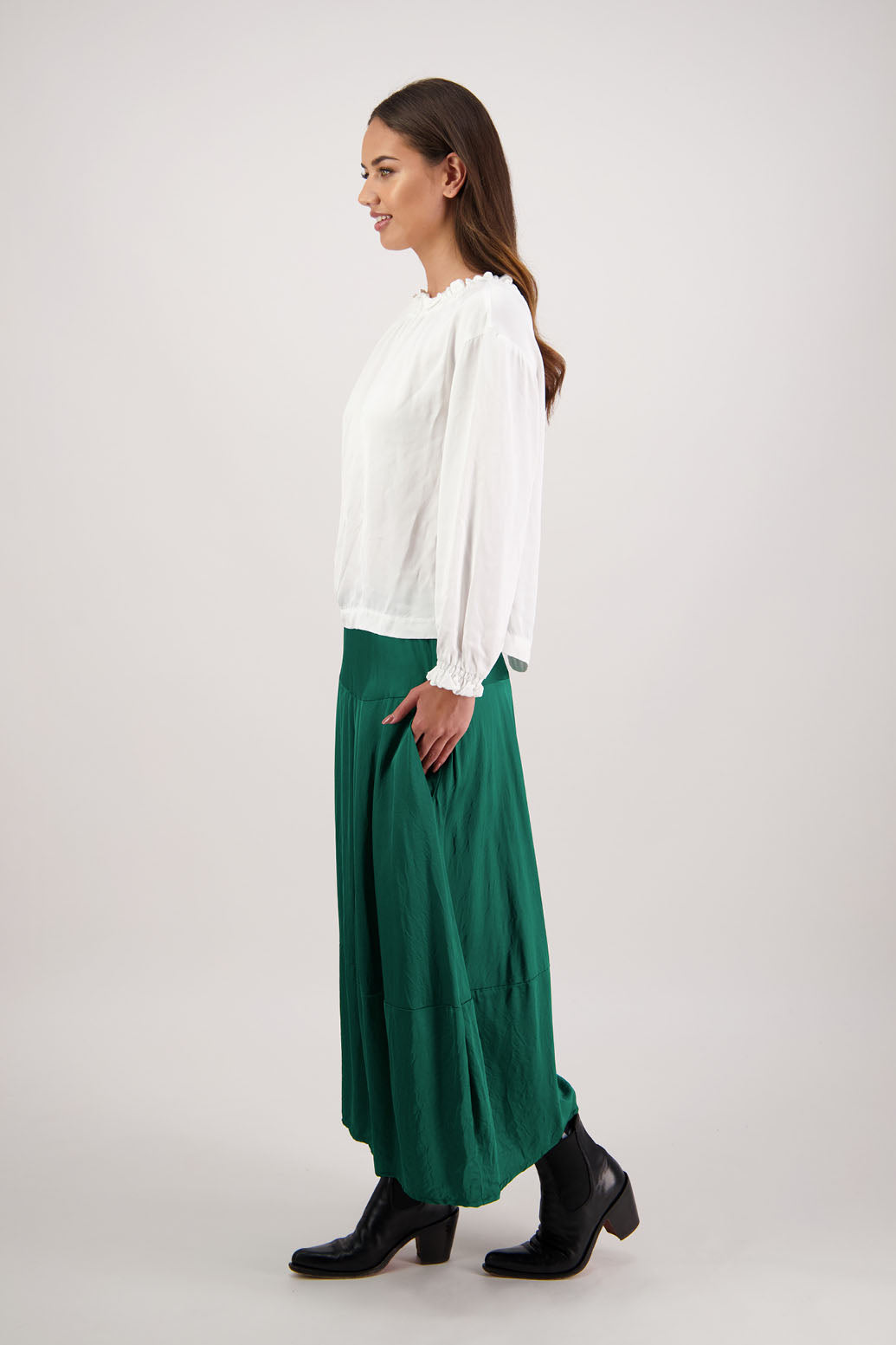 Rosetta Skirt in Emerald by Briarwood NZ. 100% viscose skirt with elasticated waist and bubble hem
