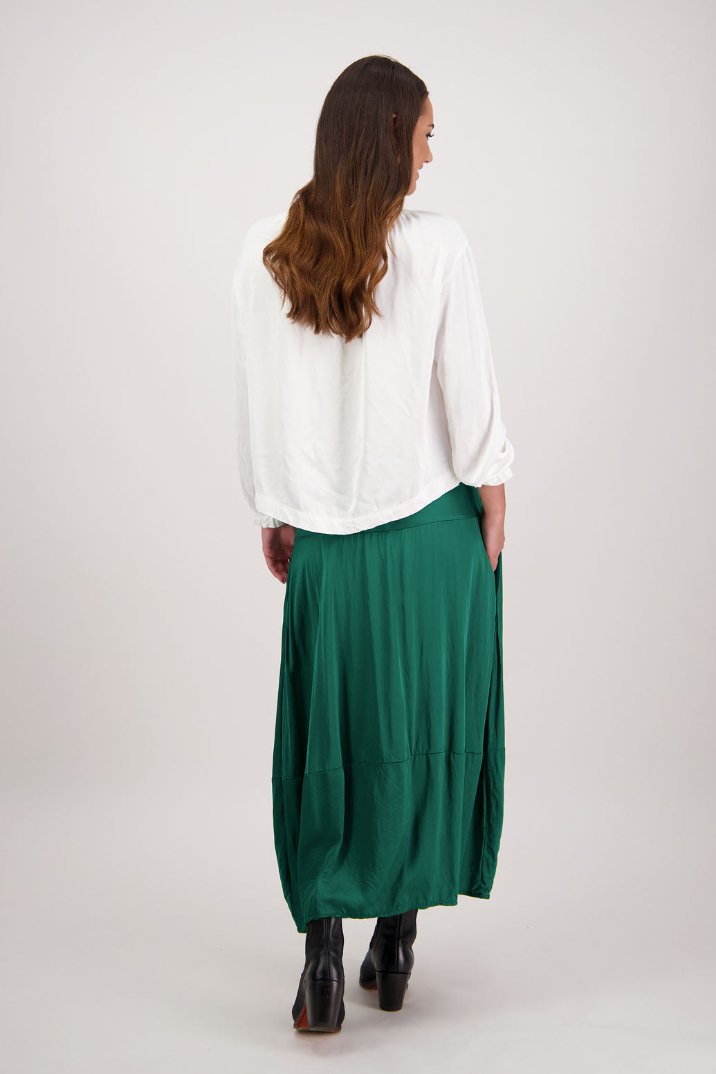 Rosetta Skirt in Emerald by Briarwood NZ. 100% viscose skirt with elasticated waist and bubble hem