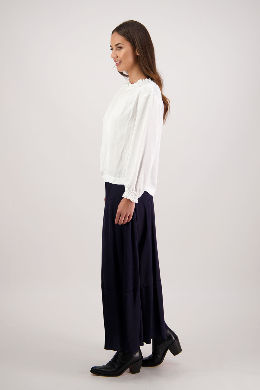 Rosetta Skirt in Ink by Briarwood NZ. 100% viscose skirt with elasticated waist and bubble hem