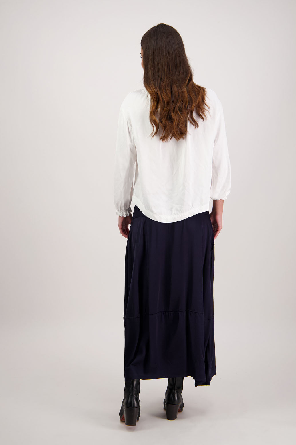 Rosetta Skirt in Ink by Briarwood NZ. 100% viscose skirt with elasticated waist and bubble hem