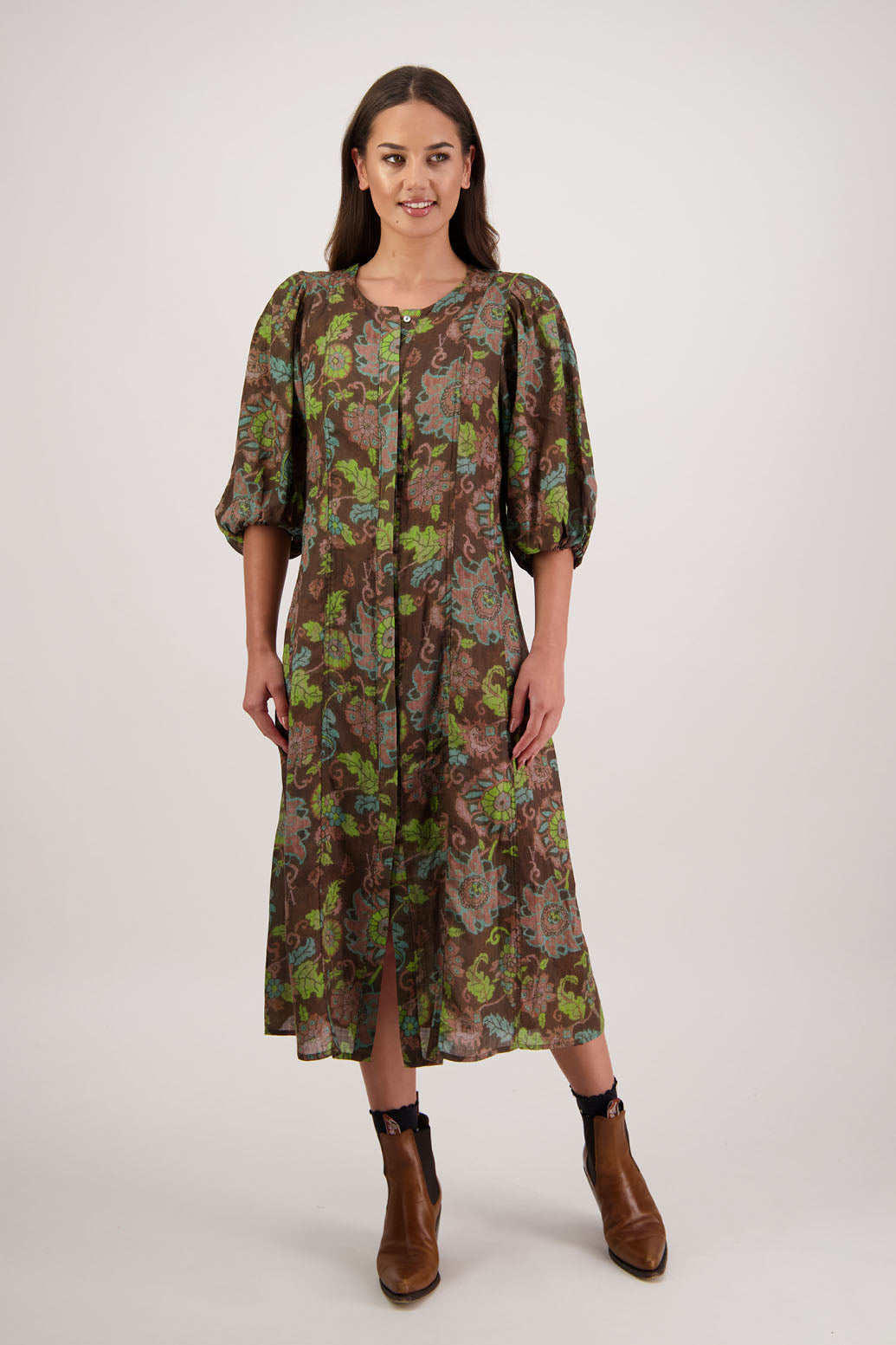 Rosette Dress in Vintage Floral by Briarwood NZ. Flattering 100% ramie dress with puff elasticated sleeves, button through, grandpa collar