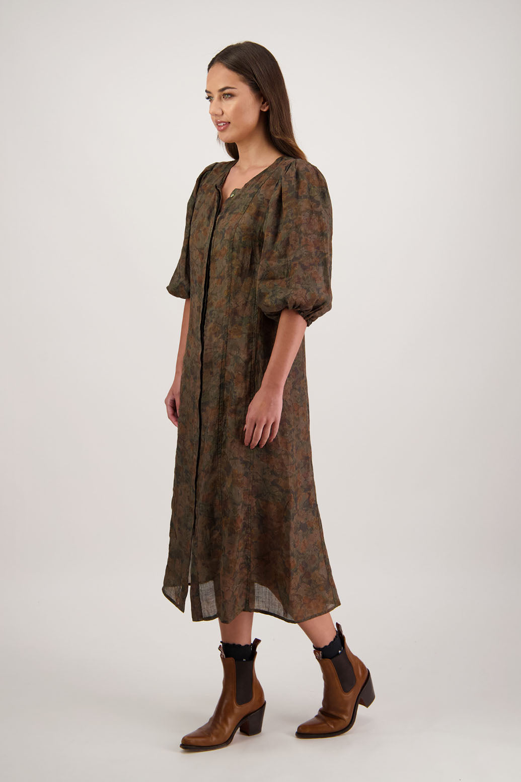 Rosette Dress in Vintage Floral by Briarwood NZ. Flattering 100% ramie dress with puff elasticated sleeves, button through, grandpa collar