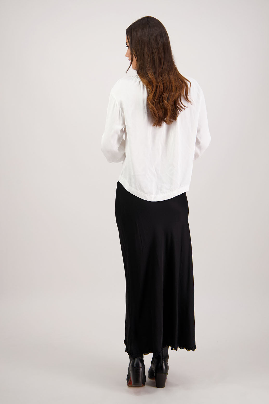 Rosie Skirt in Black by Briarwood NZ. 100% viscose bias cut A-line skirt with lace hem