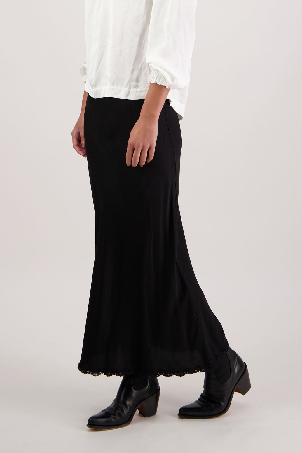 Rosie Skirt in Black by Briarwood NZ. 100% viscose bias cut A-line skirt with lace hem