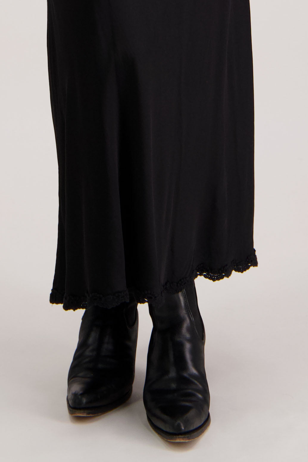 Rosie Skirt in Black by Briarwood NZ. 100% viscose bias cut A-line skirt with lace hem