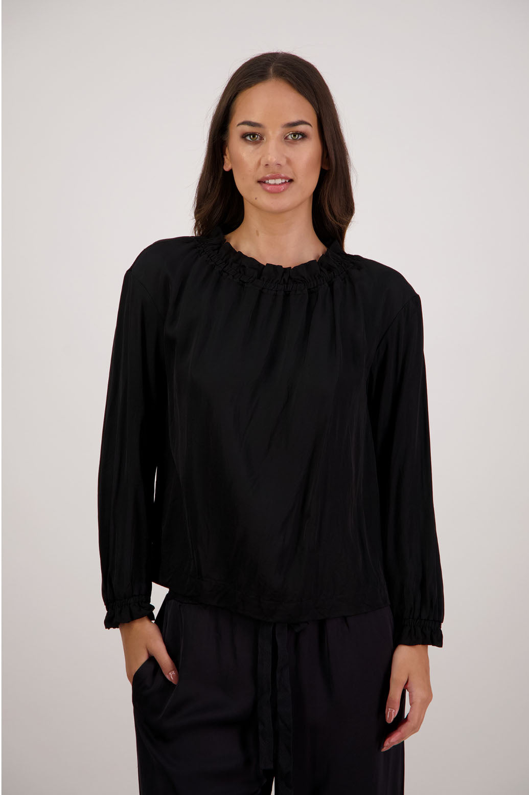 Rowan Top in Black by Briarwood NZ. 100% viscose easy fit top with full length sleeves, elasticated neck