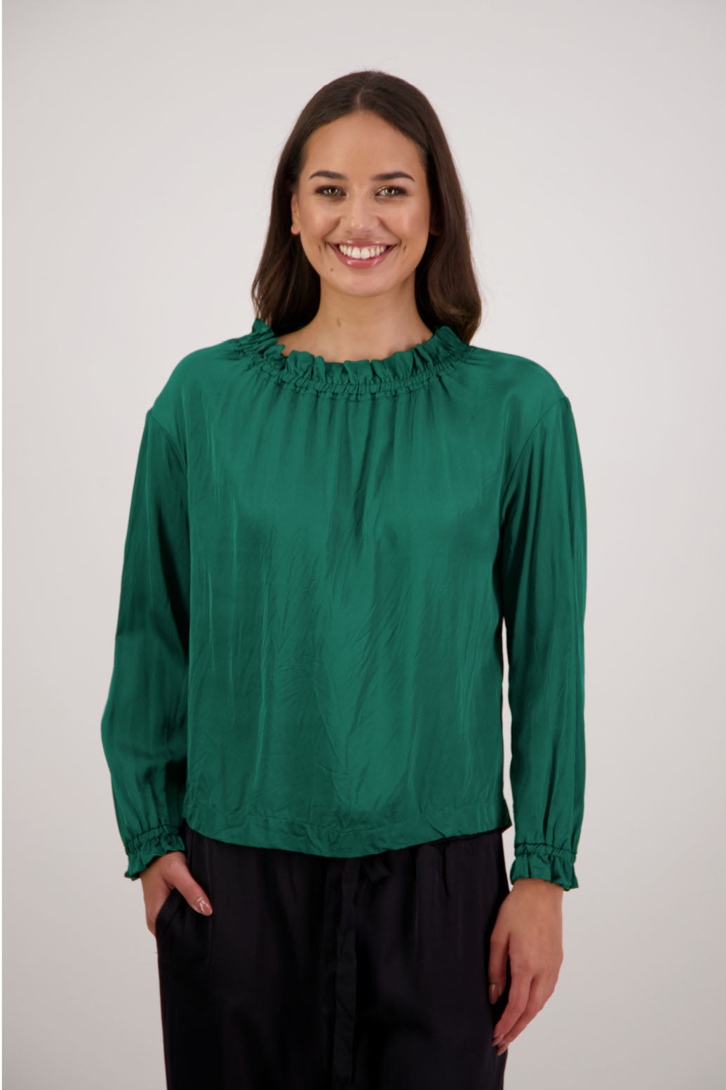 Rowan Top in Emerald by Briarwood NZ. 100% viscose easy fit top with full length sleeves, elasticated neck