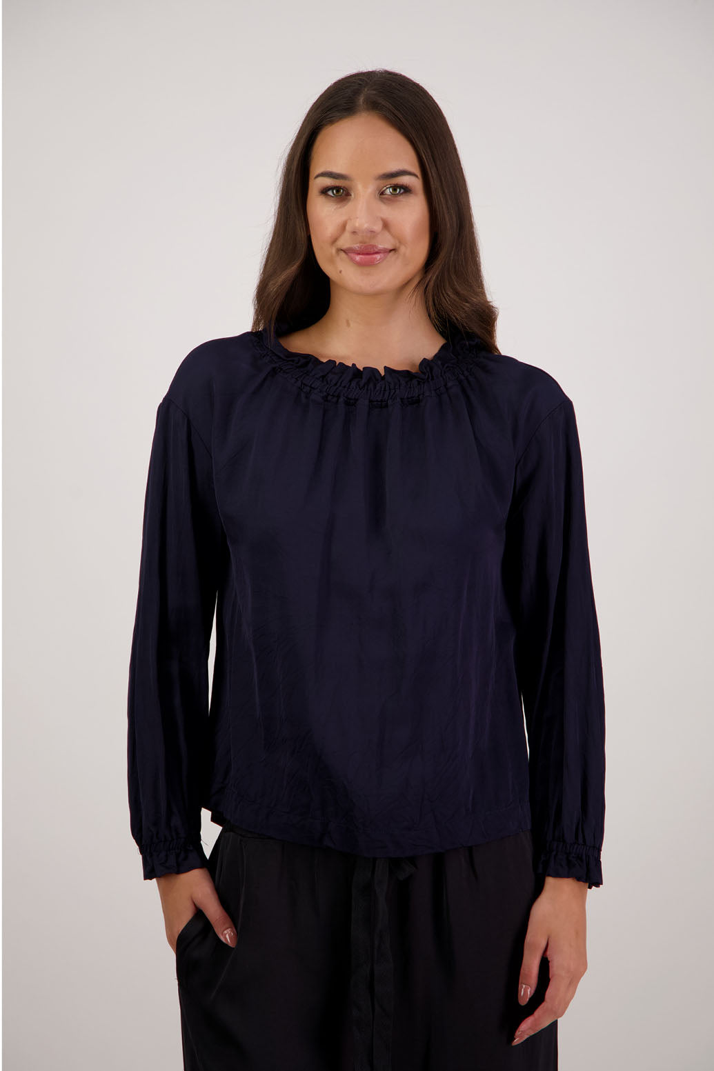 Rowan Ink Top by Briarwood NZ. 100% viscose easy fit top with full length sleeves, elasticated neck