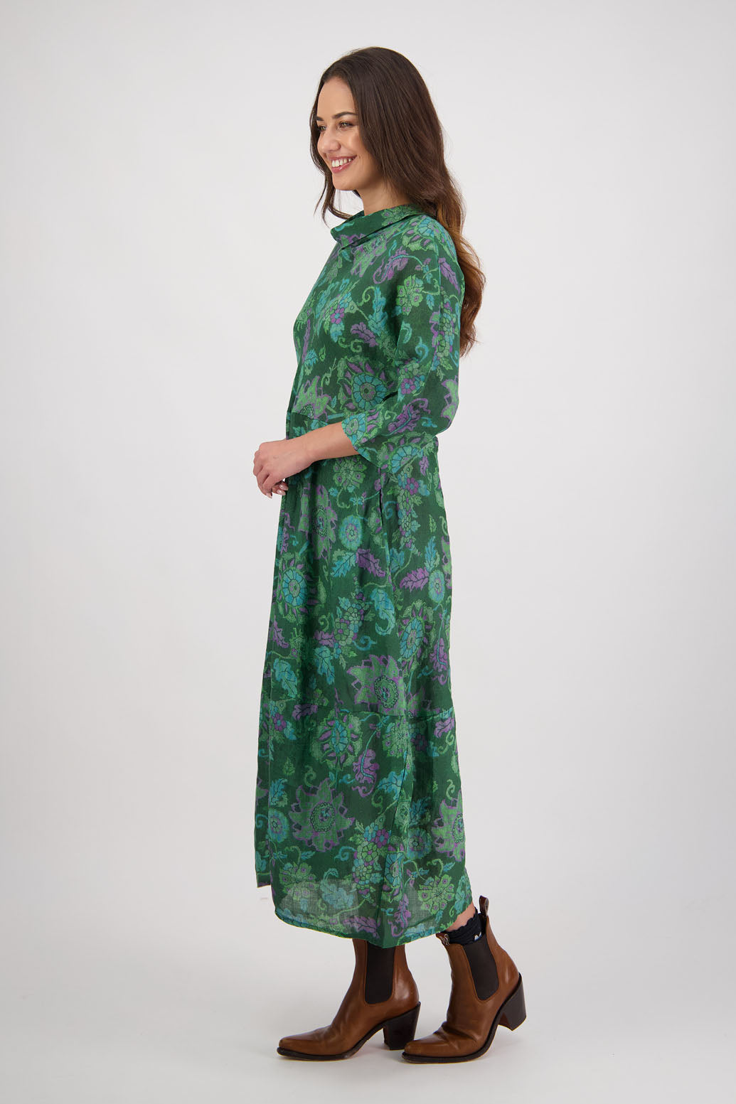 Rowena Dress in Green Floral by Briarwood NZ. 100% Ramie dress, roll neck, bias cut top, puff hem start, 3/4 sleeves, pockets, lined