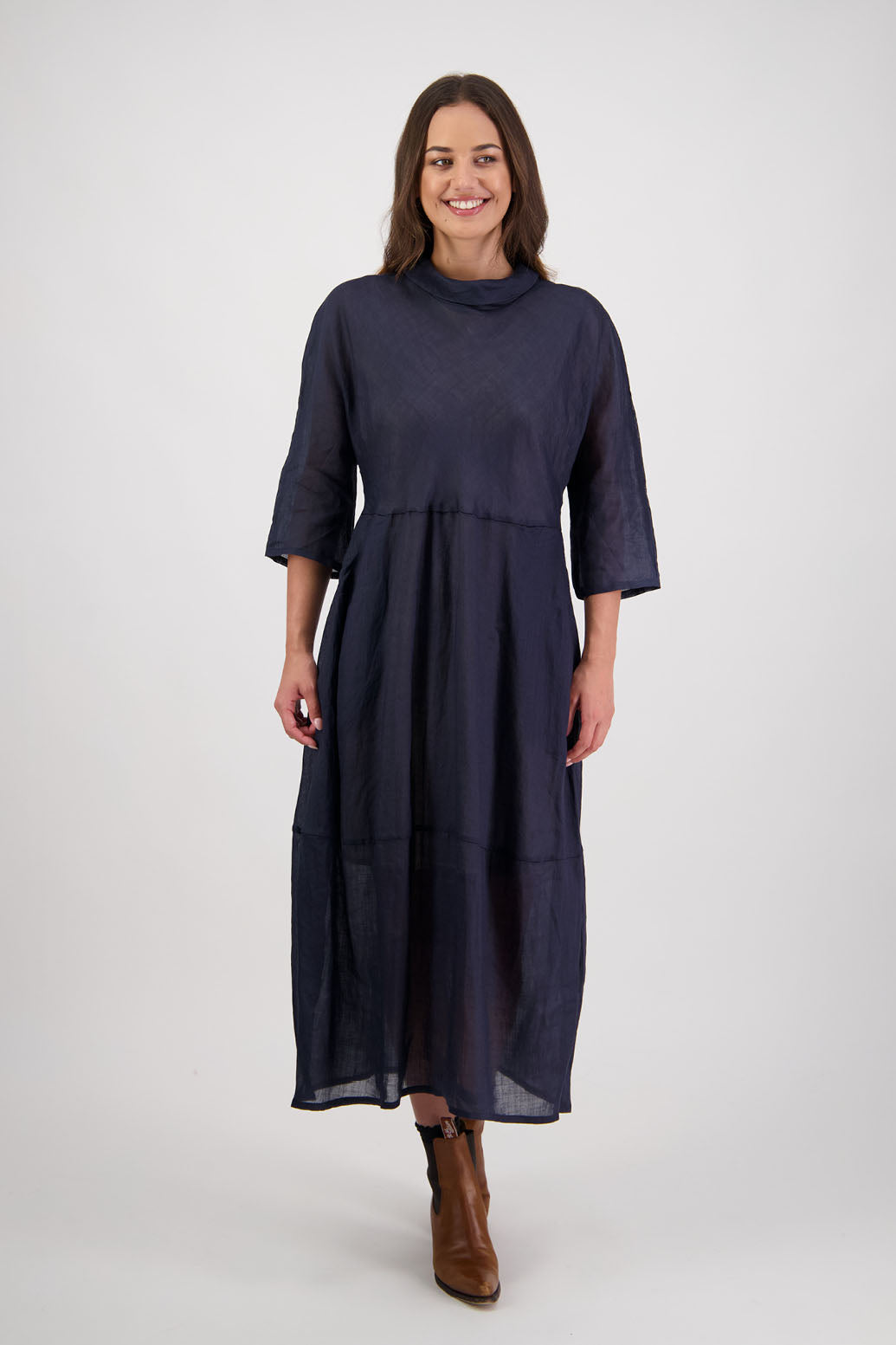 Rowena Dress in Ink by Briarwood NZ. 100% Ramie dress, roll neck, bias cut top, puff hem start, 3/4 sleeves, pockets, lined