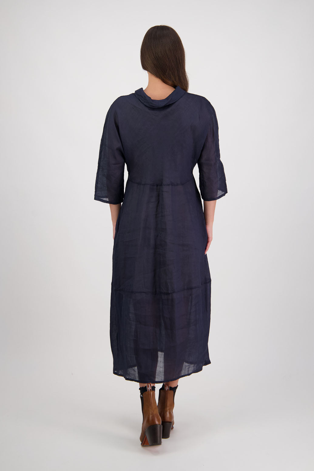 Rowena Dress in Ink by Briarwood NZ. 100% Ramie dress, roll neck, bias cut top, puff hem start, 3/4 sleeves, pockets, lined