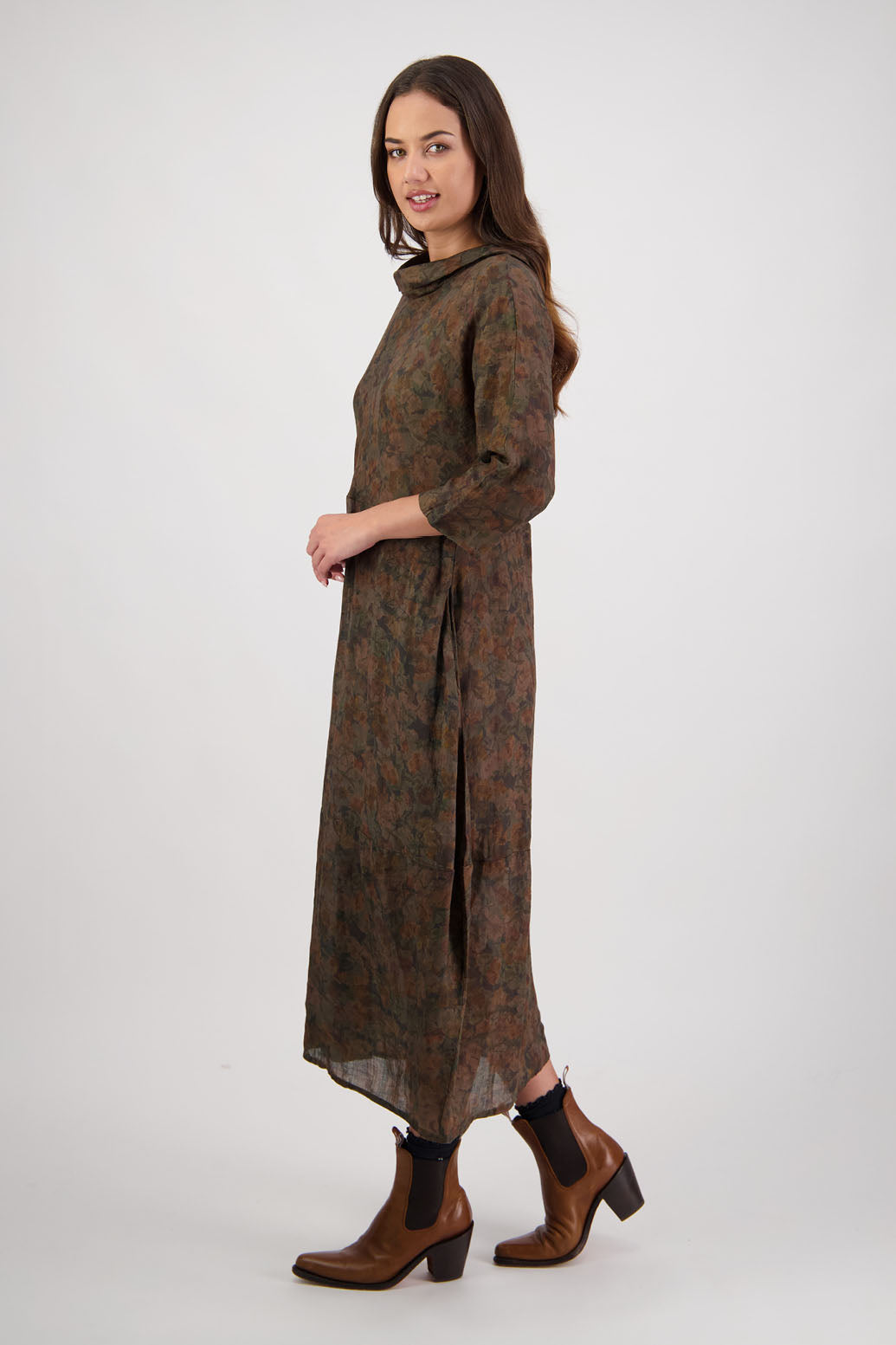 Rowena Dress in Vintage Floral by Briarwood NZ. 100% Ramie dress, roll neck, bias cut top, puff hem start, 3/4 sleeves, pockets, lined