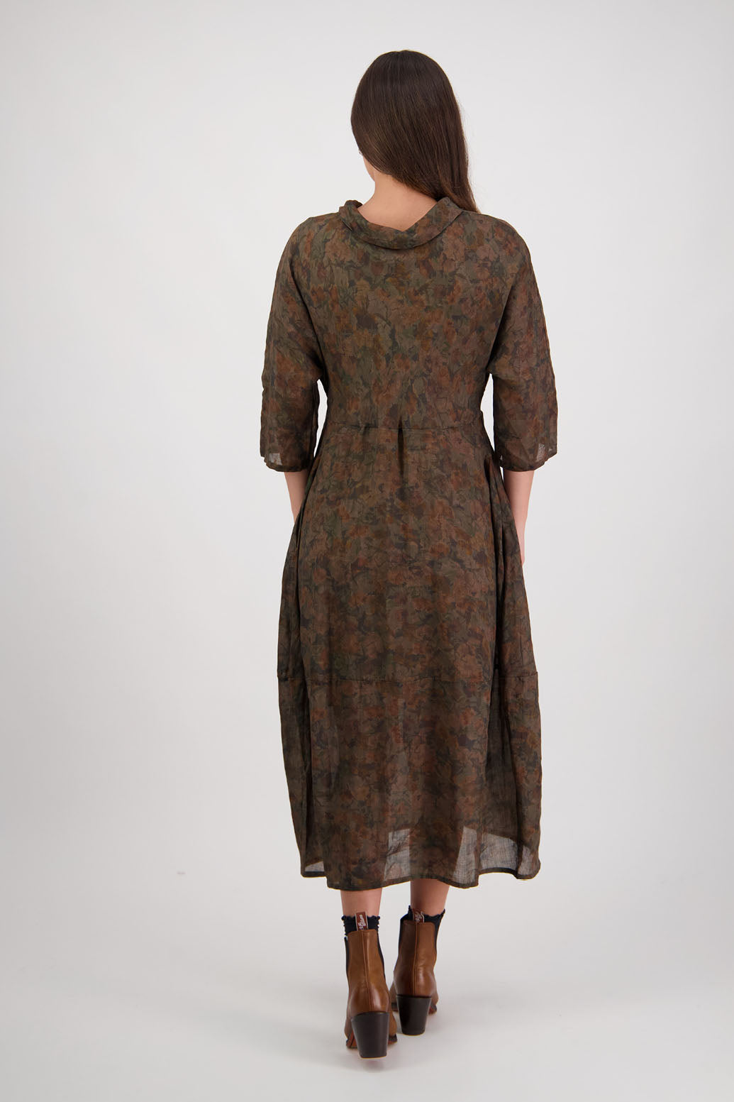 Rowena Dress in Vintage Floral by Briarwood NZ. 100% Ramie dress, roll neck, bias cut top, puff hem start, 3/4 sleeves, pockets, lined