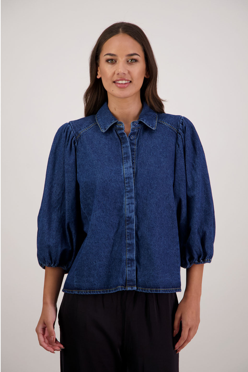 Roxanne Denim Shirt by Briarwood NZ. 100% cotton shirt with puff sleeves, collar and button through