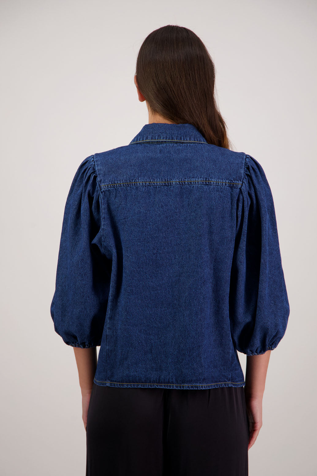 Roxanne Denim Shirt by Briarwood NZ. 100% cotton shirt with puff sleeves, collar and button through