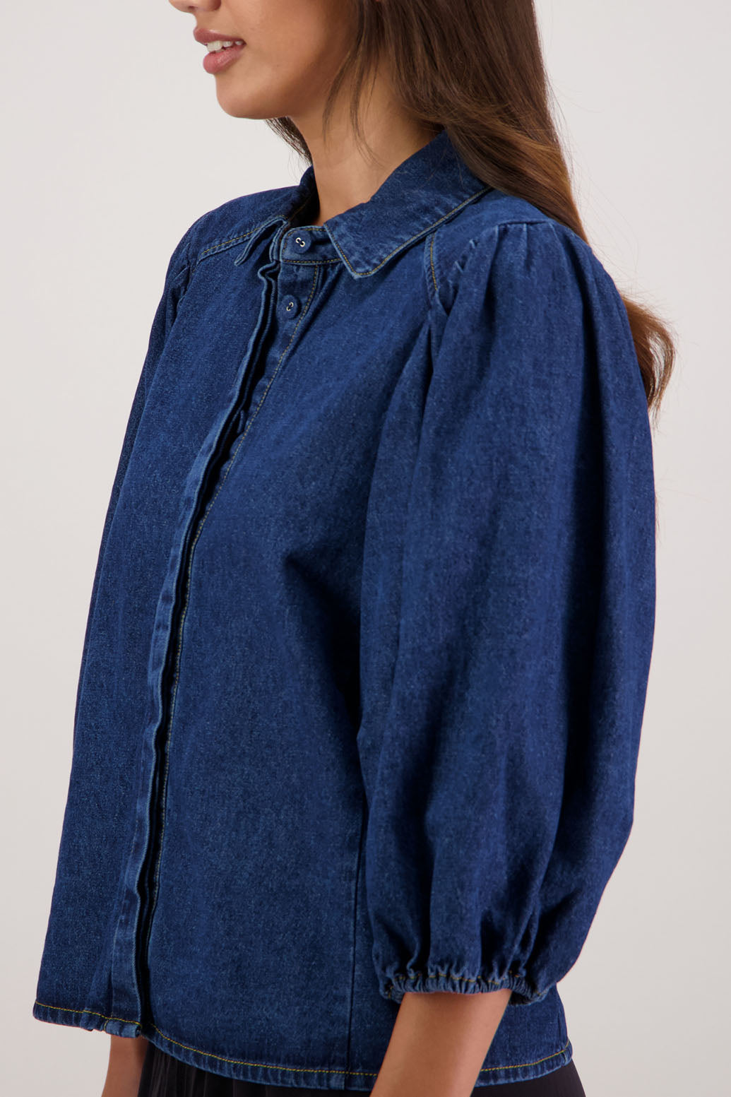 Roxanne Denim Shirt by Briarwood NZ. 100% cotton shirt with puff sleeves, collar and button through