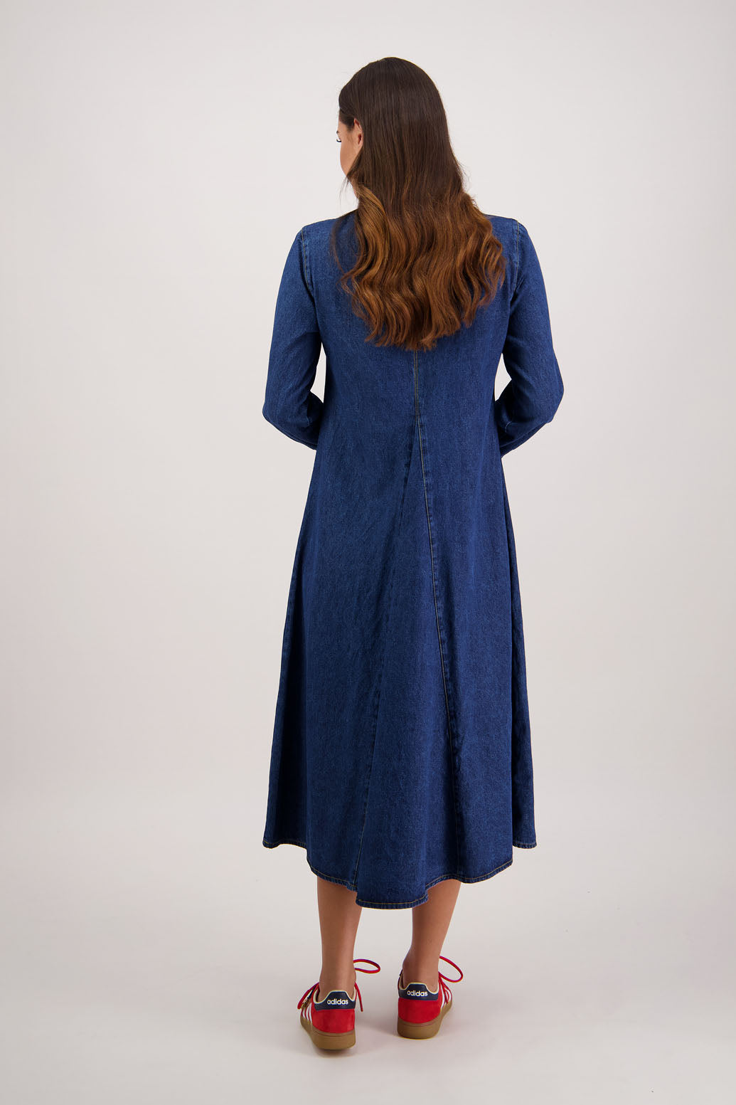 Roxie Denim Dress by Briarwood NZ. 100% cotton dress with V neck, full length sleeves with button closure, inset panel front & back