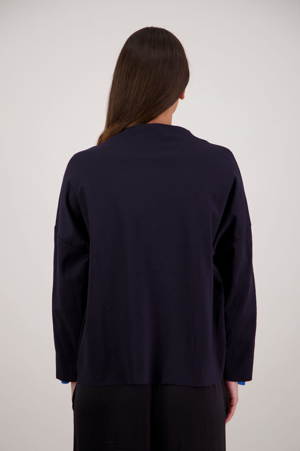 Roz Sweatshirt in Ink by Briarwood NZ. 100% Ponte sweatshirt with funnel neck, drop shoulder and double side stripe