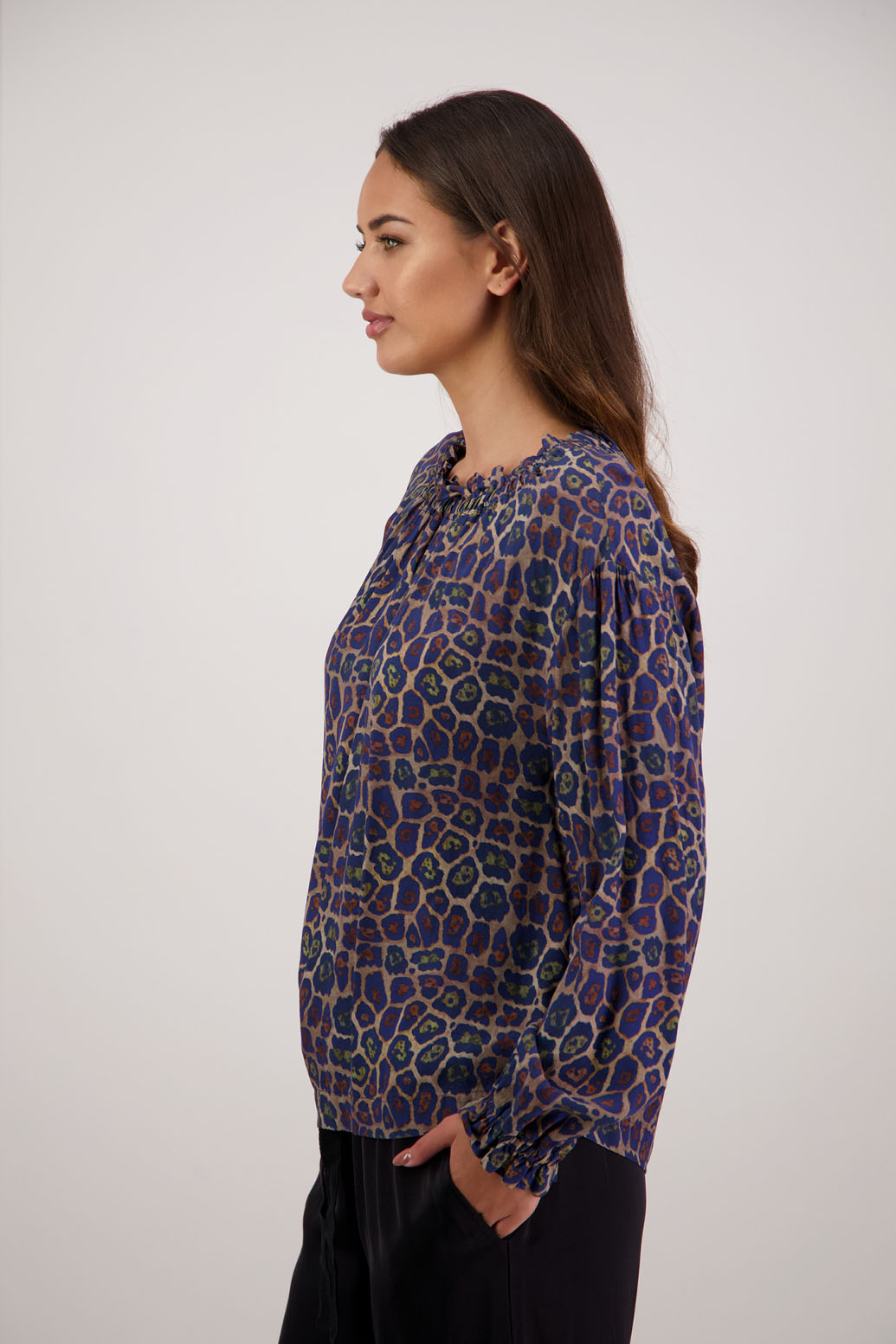 Rumer Top in Antique Leopard by Briarwood NZ. 100% viscose easy fit top with elasticated neck, long sleeves, frill on neck and sleeves