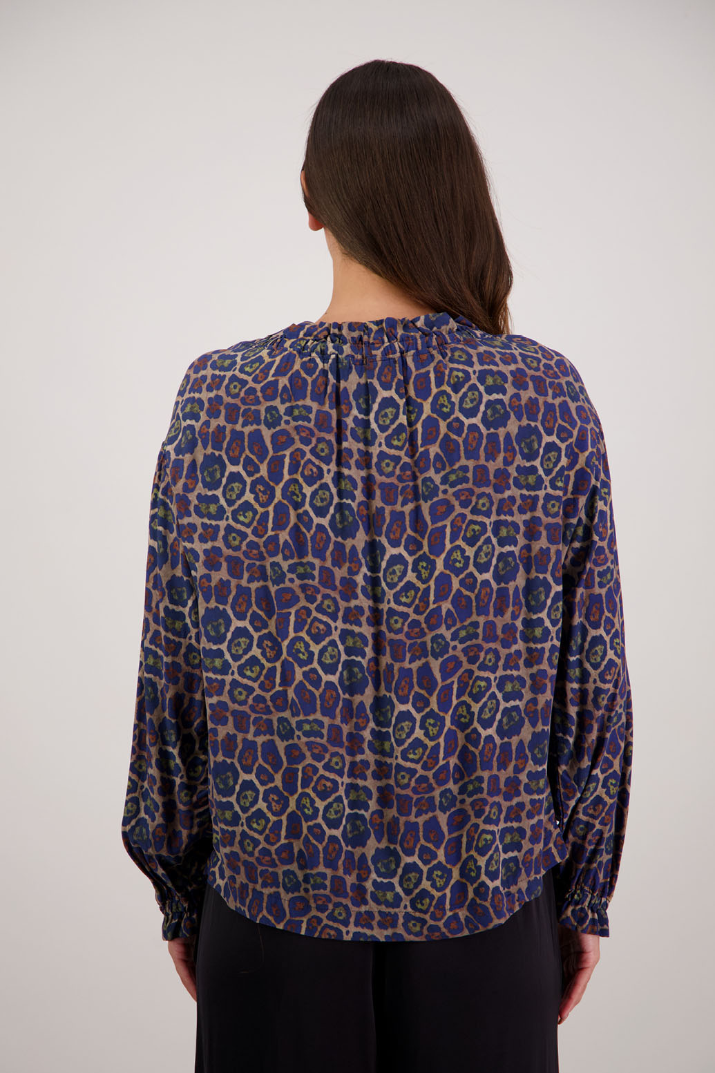 Rumer Top in Antique Leopard by Briarwood NZ. 100% viscose easy fit top with elasticated neck, long sleeves, frill on neck and sleeves