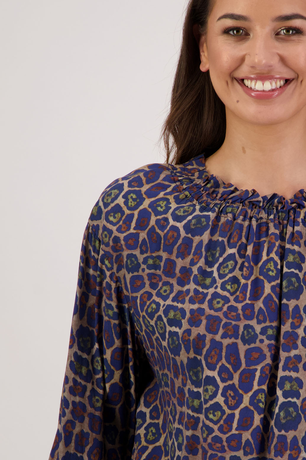 Rumer Top in Antique Leopard by Briarwood NZ. 100% viscose easy fit top with elasticated neck, long sleeves, frill on neck and sleeves