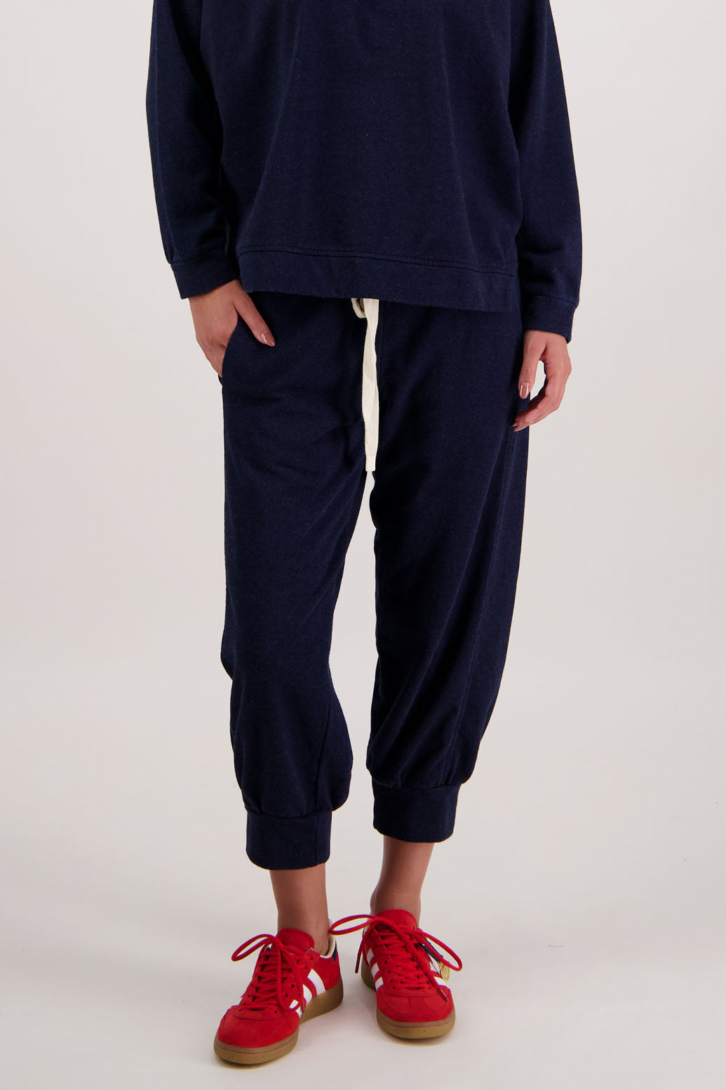 Russ Pant in Denim Jersey by Briarwood NZ. 100% cotton sweatpant, cuffed 7/8 length, elasticated waist with draw cord, front side pockets