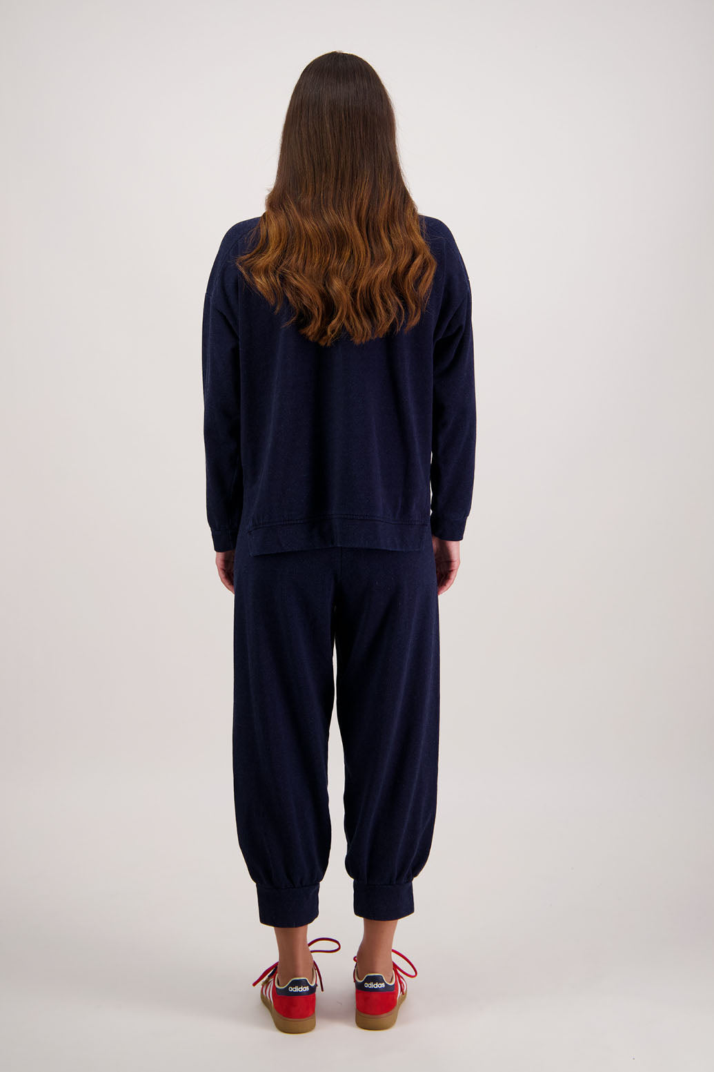 Russ Pant in Denim Jersey by Briarwood NZ. 100% cotton sweatpant, cuffed 7/8 length, elasticated waist with draw cord, front side pockets