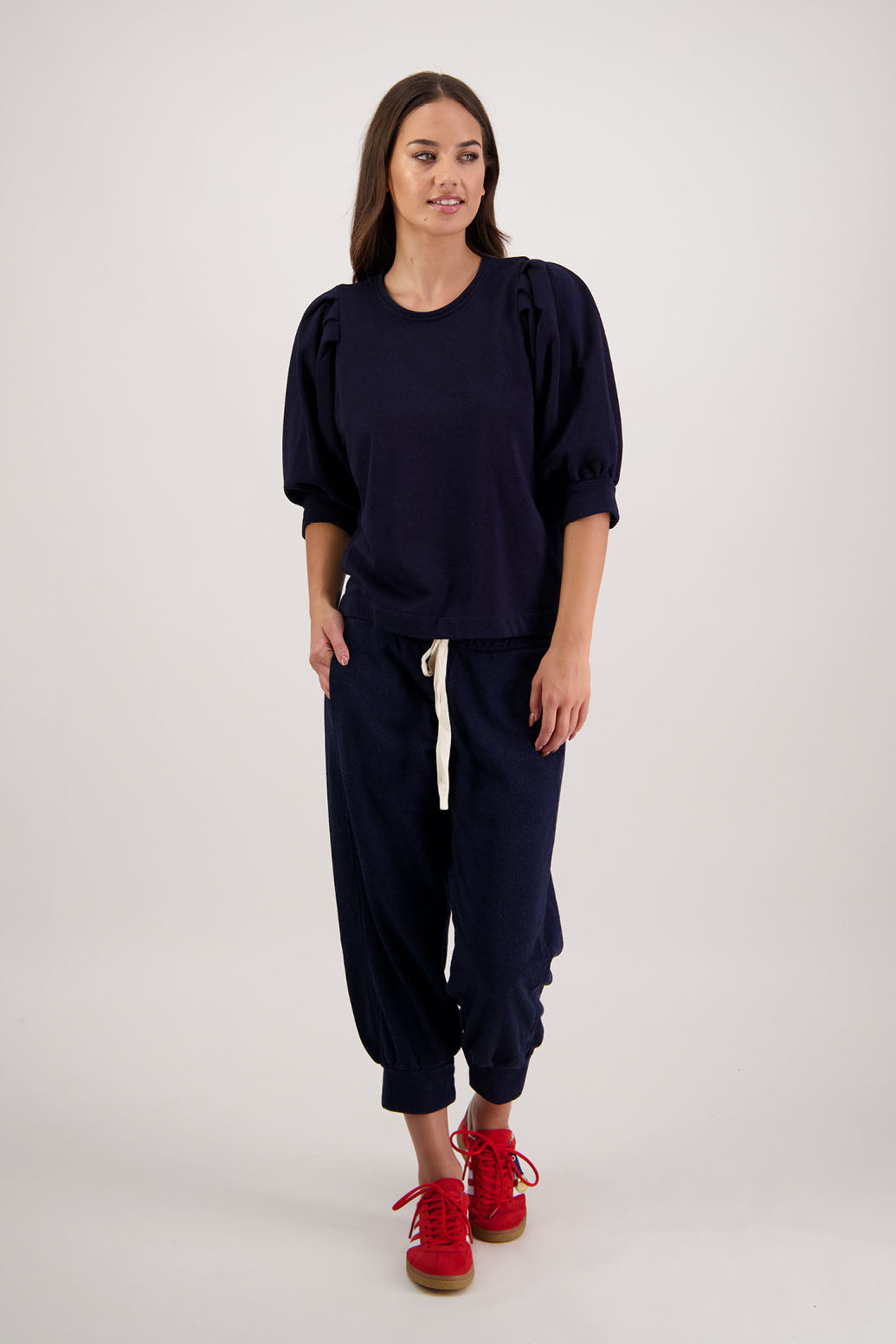 Russ Pant in Denim Jersey by Briarwood NZ. 100% cotton sweatpant, cuffed 7/8 length, elasticated waist with draw cord, front side pockets