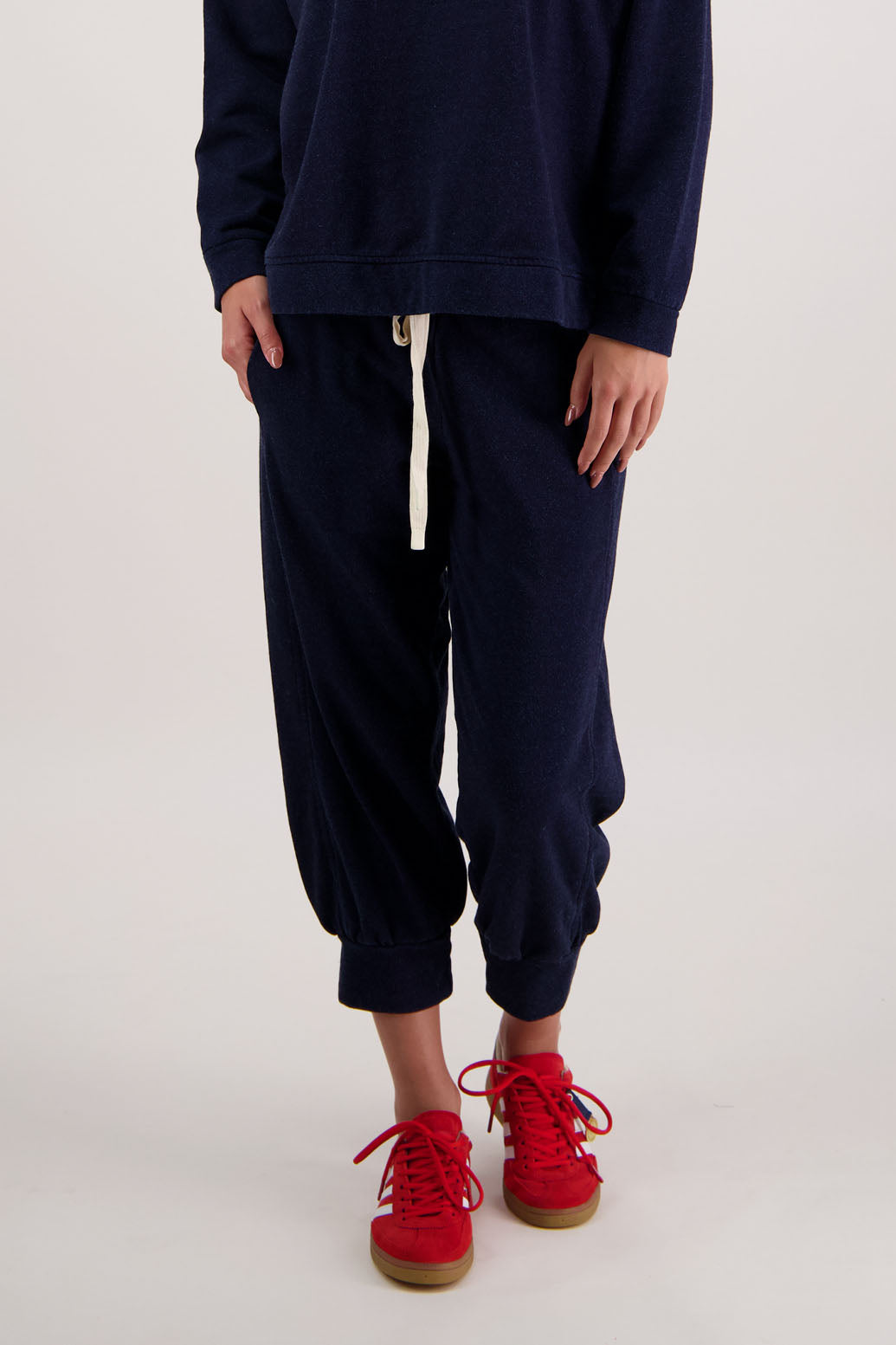 Russ Pant in Denim Jersey by Briarwood NZ. 100% cotton sweatpant, cuffed 7/8 length, elasticated waist with draw cord, front side pockets