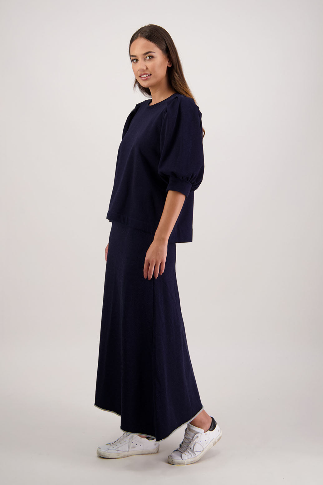 Rutherford Skirt in Denim Jersey by Briarwood NZ. 100% cotton sweatshirting a-line skirt, elasticated waist, raw hem