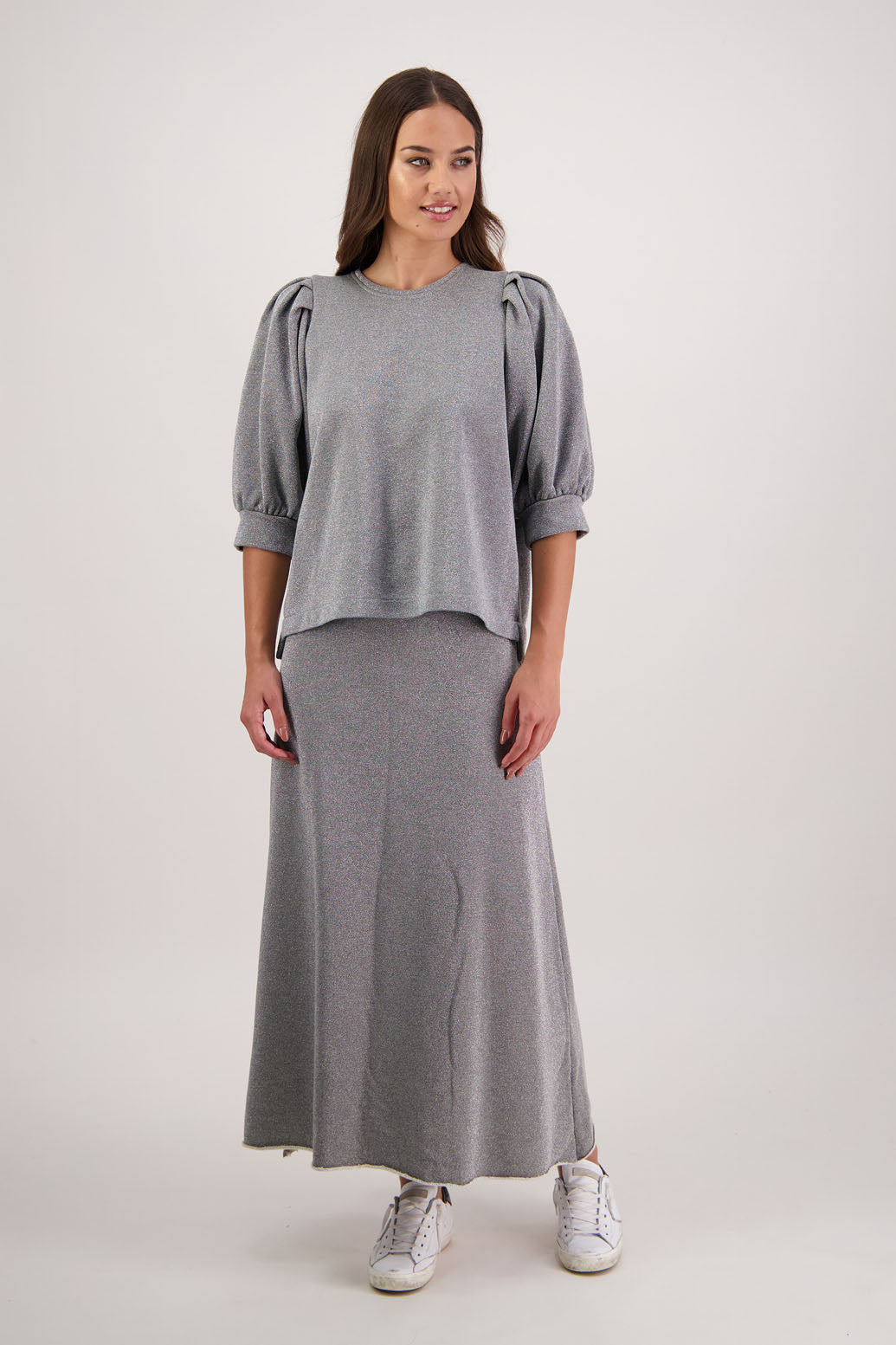 Rutherford Skirt in Metallic Silver by Briarwood NZ. 100% cotton sweatshirting a-line skirt, elasticated waist, raw hem