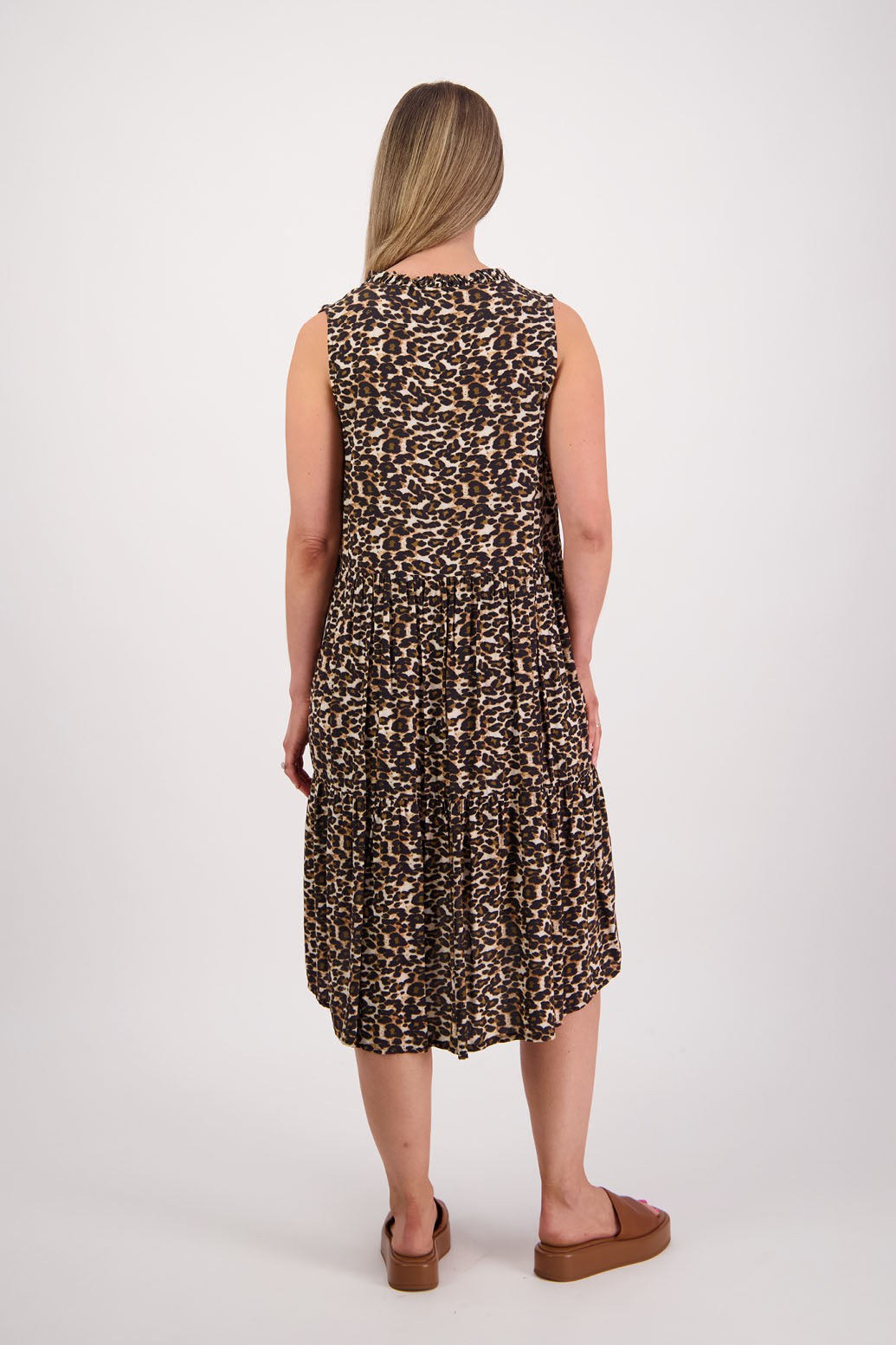 Womens sleeveless sundress, with two tier skirt and V neck with a slight ruffle. Briarwood NZ. Viscose. Sabrina. Leopard