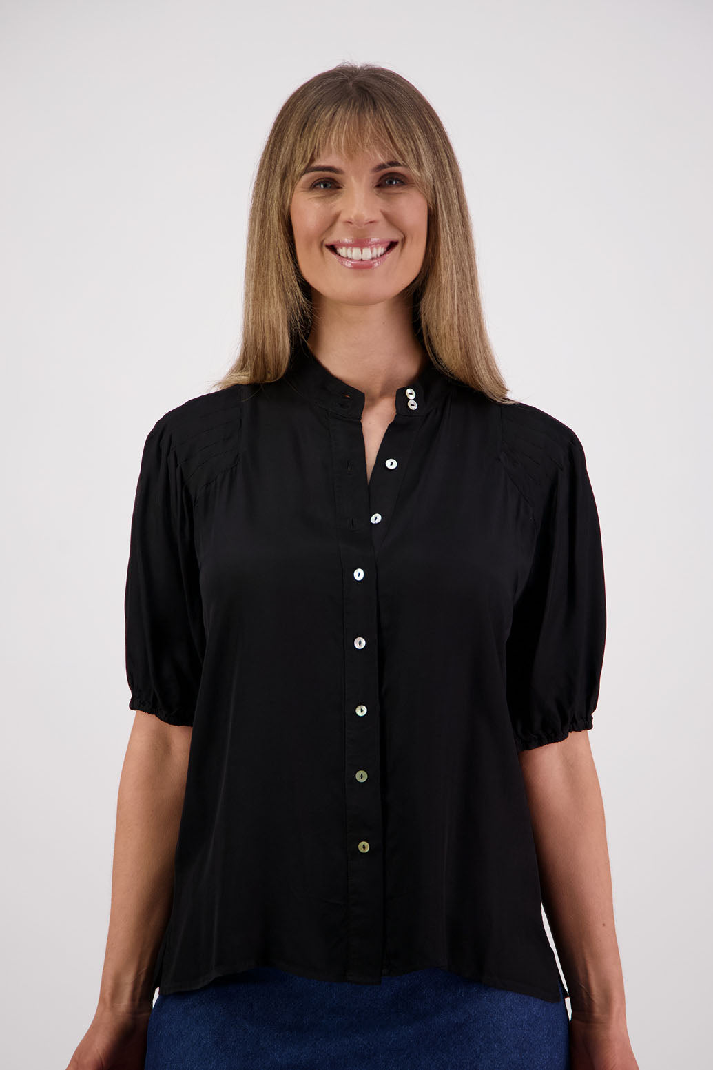 Womens Black Shirt with Elbow Length Puff Sleeves and Grandpa collar. Briarwood NZ. Saffron. Viscose.