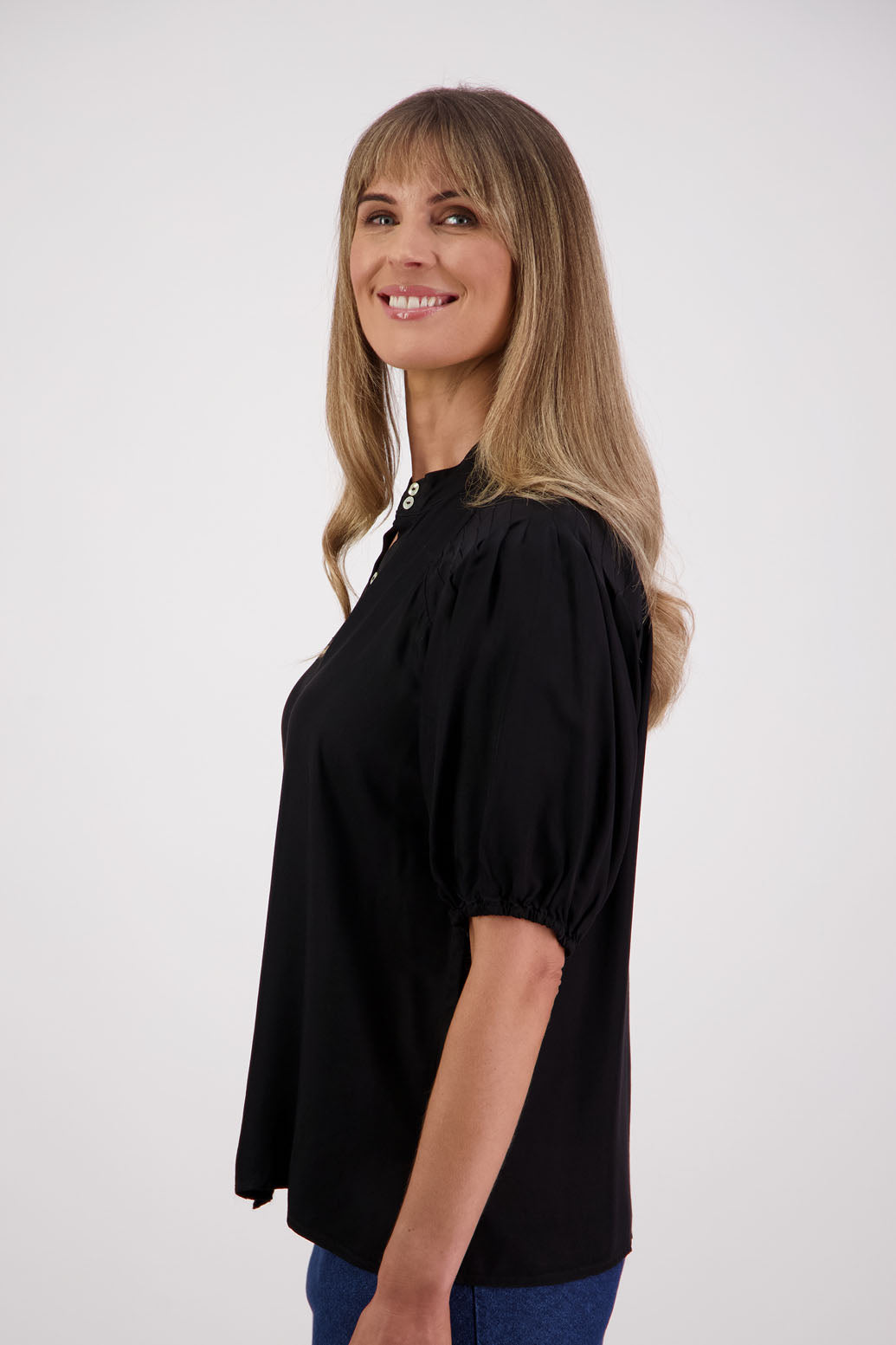 Womens Black Shirt with Elbow Length Puff Sleeves and Grandpa collar. Briarwood NZ. Saffron. Viscose.
