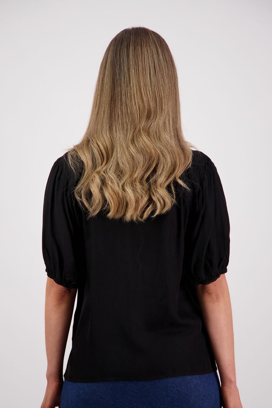 Womens Black Shirt with Elbow Length Puff Sleeves and Grandpa collar. Briarwood NZ. Saffron. Viscose.