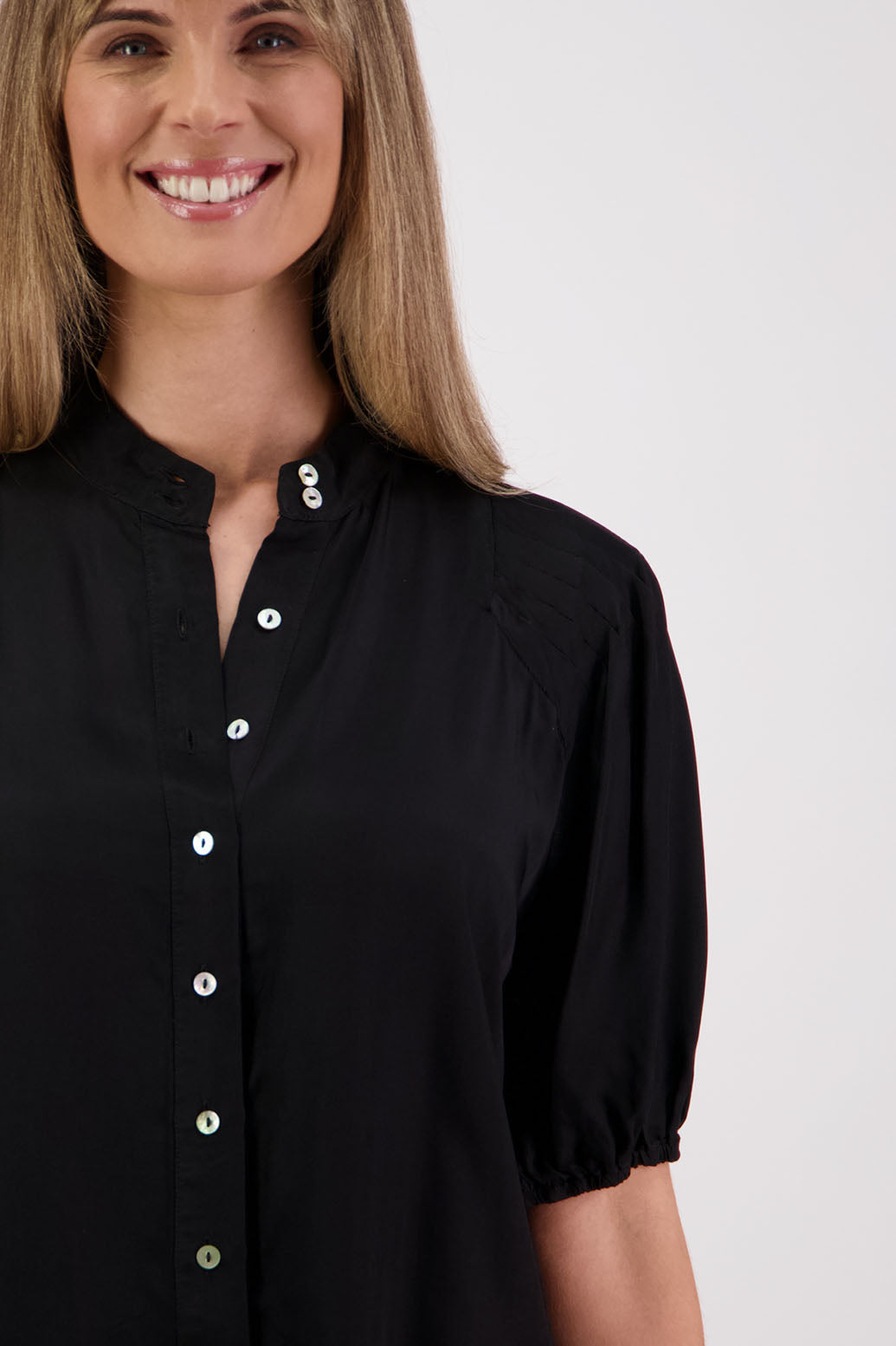 Womens Black Shirt with Elbow Length Puff Sleeves and Grandpa collar. Briarwood NZ. Saffron. Viscose.