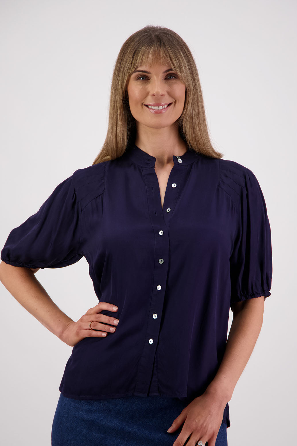 Womens Ink Shirt with Elbow Length Puff Sleeves and Grandpa collar. Briarwood NZ. Saffron. Viscose.