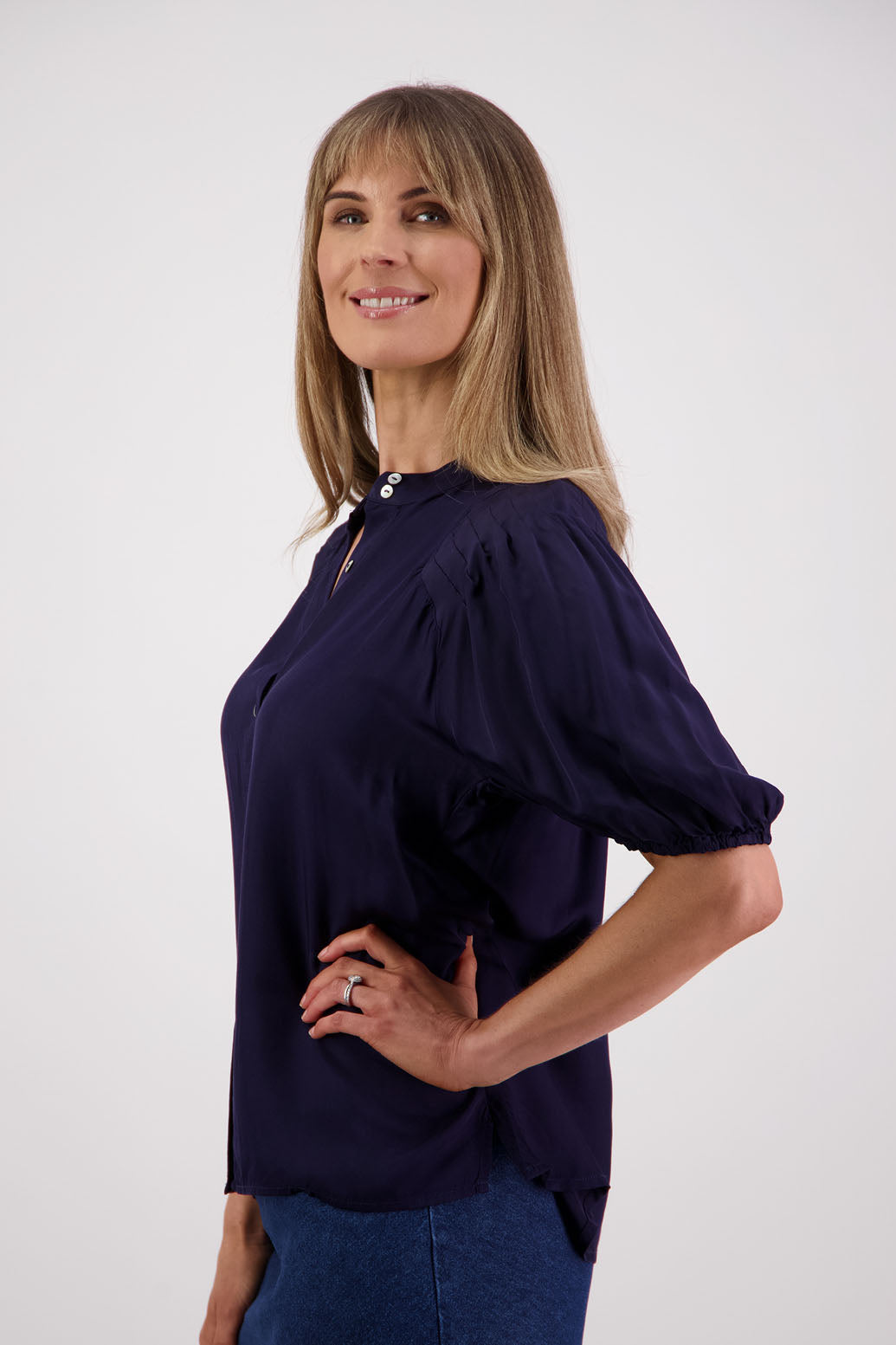 Womens Ink Shirt with Elbow Length Puff Sleeves and Grandpa collar. Briarwood NZ. Saffron. Viscose.