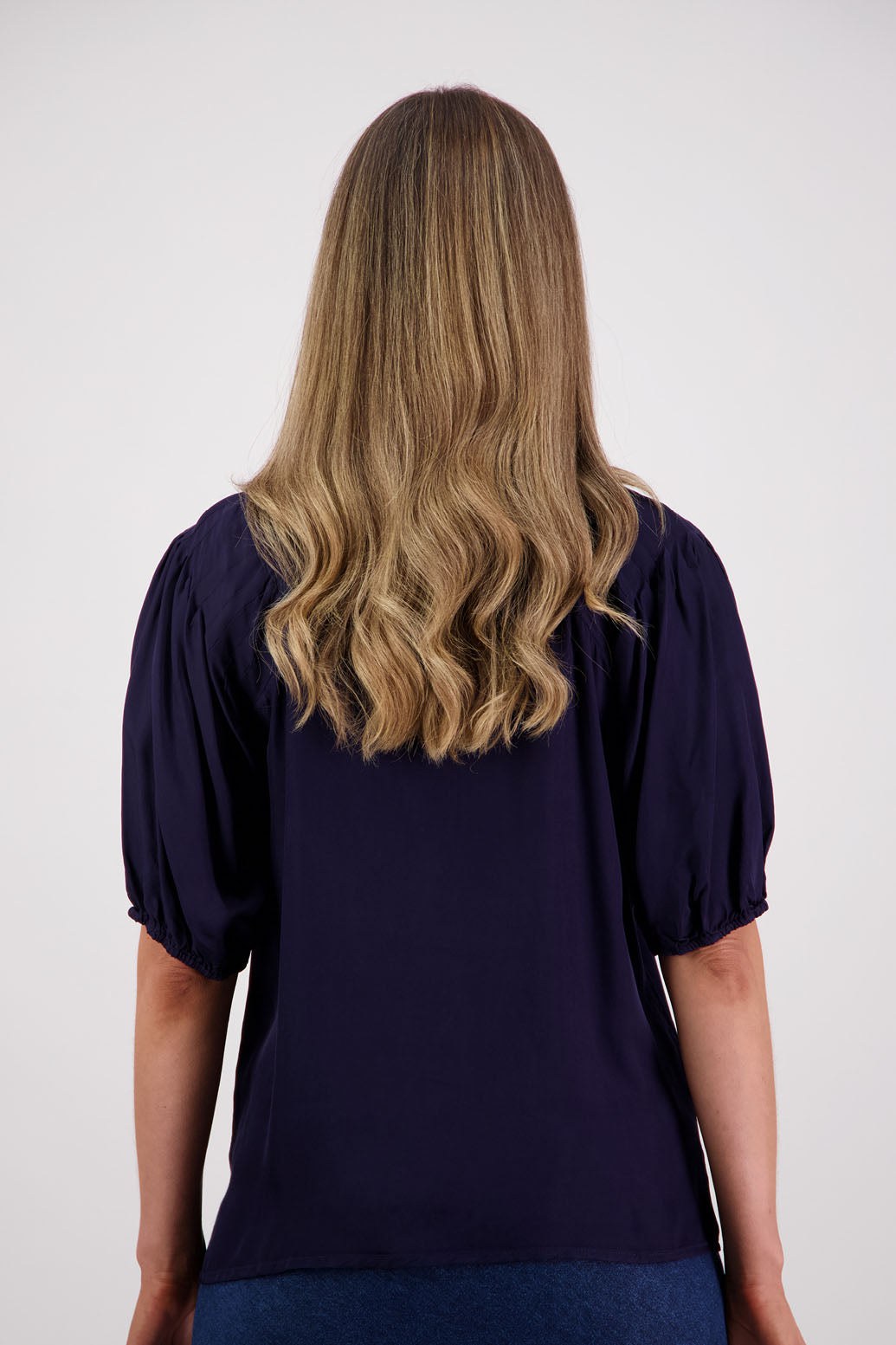Womens Ink Shirt with Elbow Length Puff Sleeves and Grandpa collar. Briarwood NZ. Saffron. Viscose.