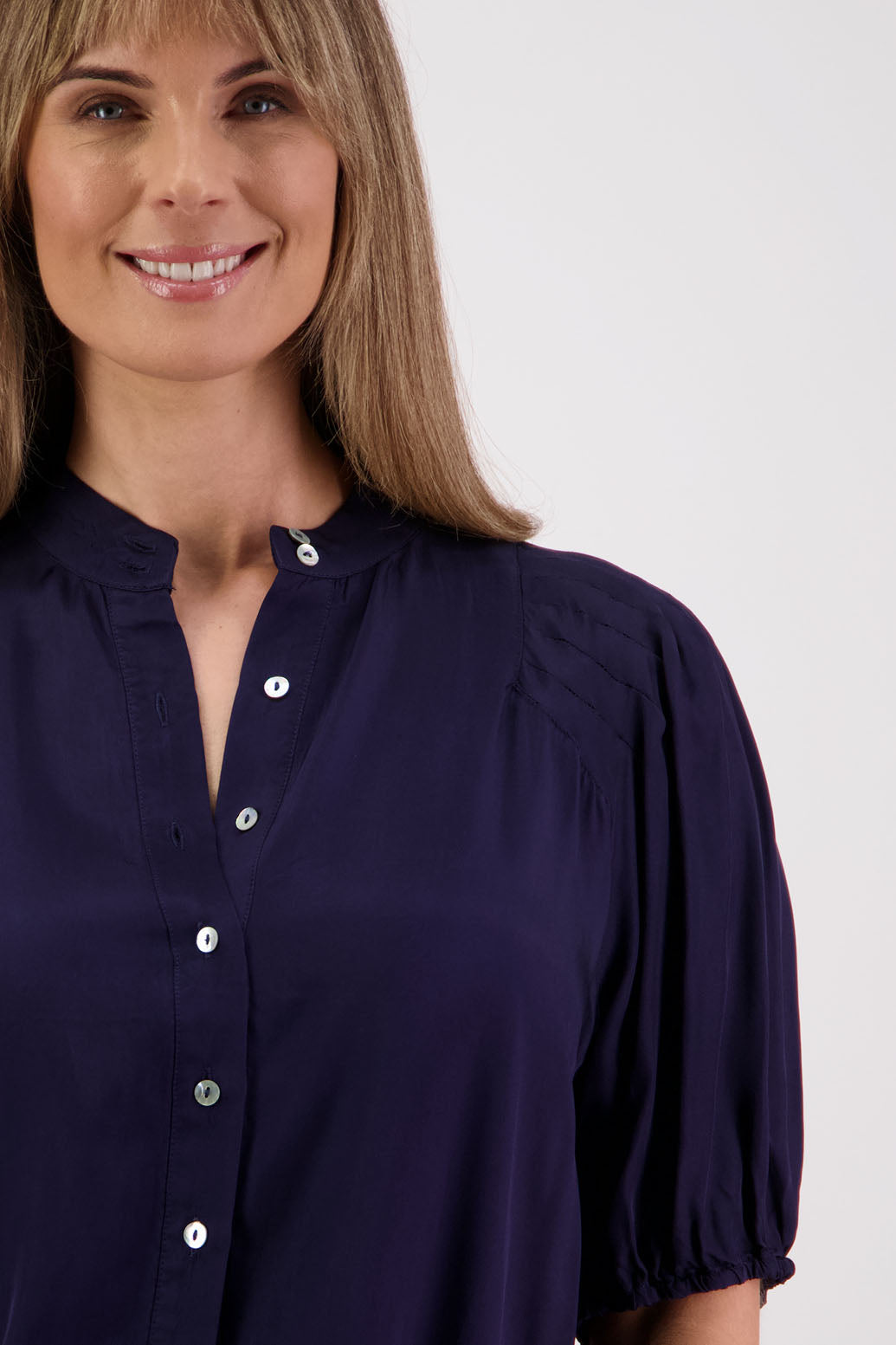 Womens Ink Shirt with Elbow Length Puff Sleeves and Grandpa collar. Briarwood NZ. Saffron. Viscose.