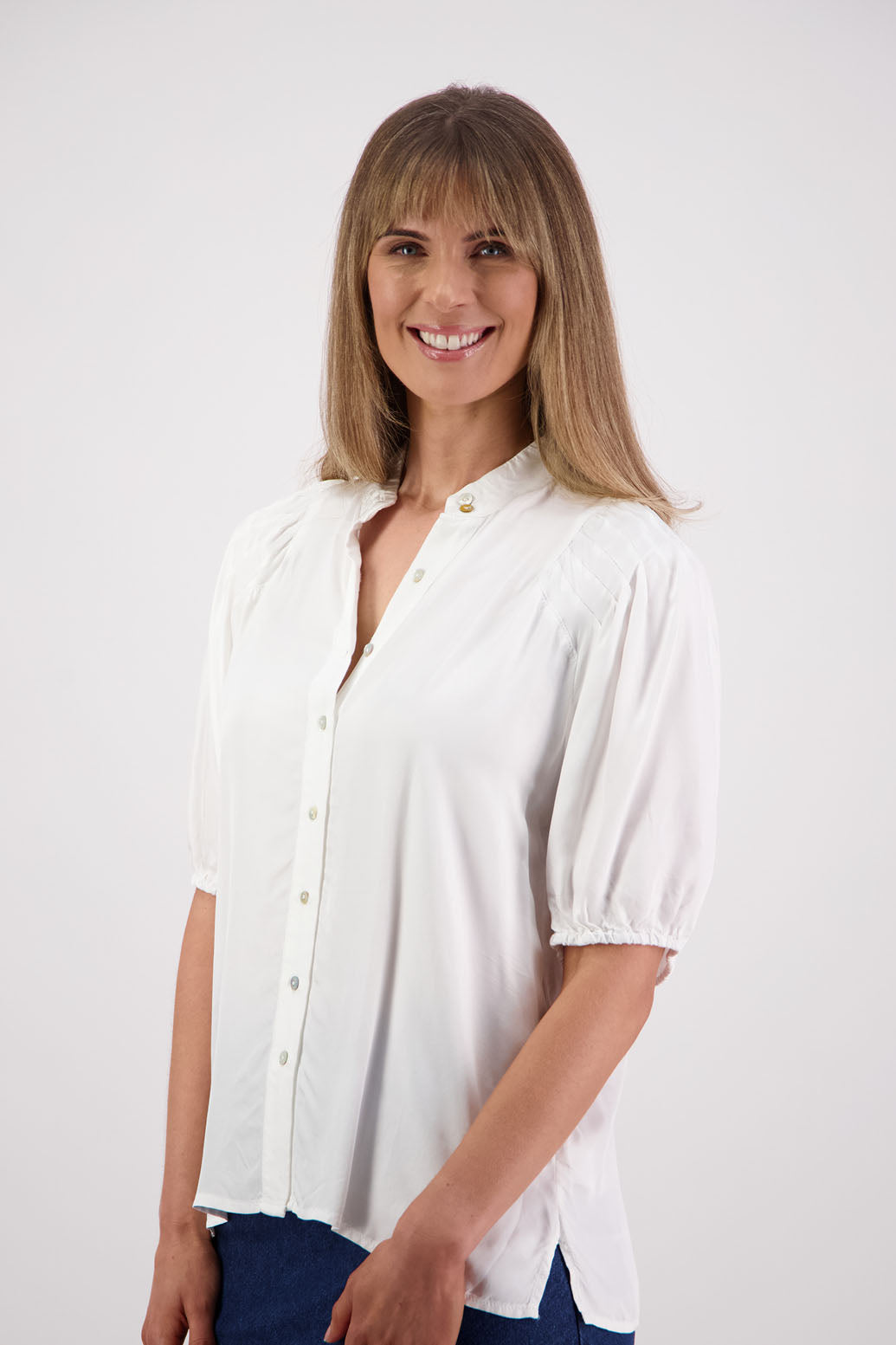 Womens Ivory Shirt with Elbow Length Puff Sleeves and Grandpa collar. Briarwood NZ. Saffron. Viscose.