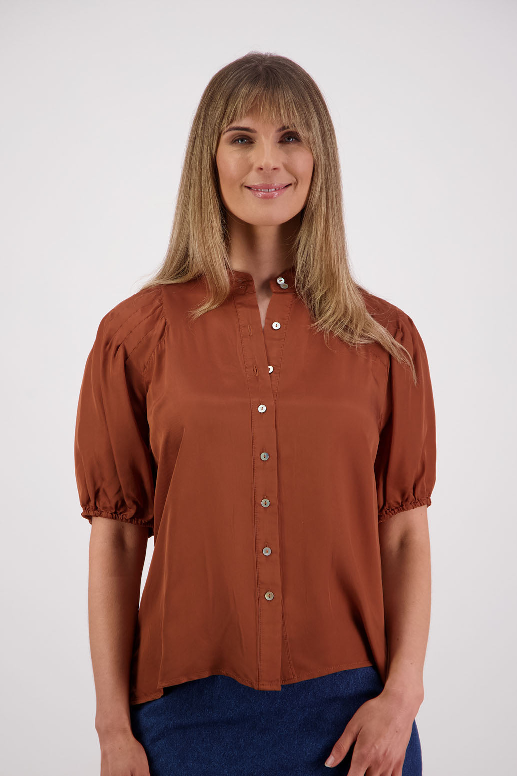 Womens Tan Shirt with Elbow Length Puff Sleeves and Grandpa collar. Briarwood NZ. Saffron. Viscose.