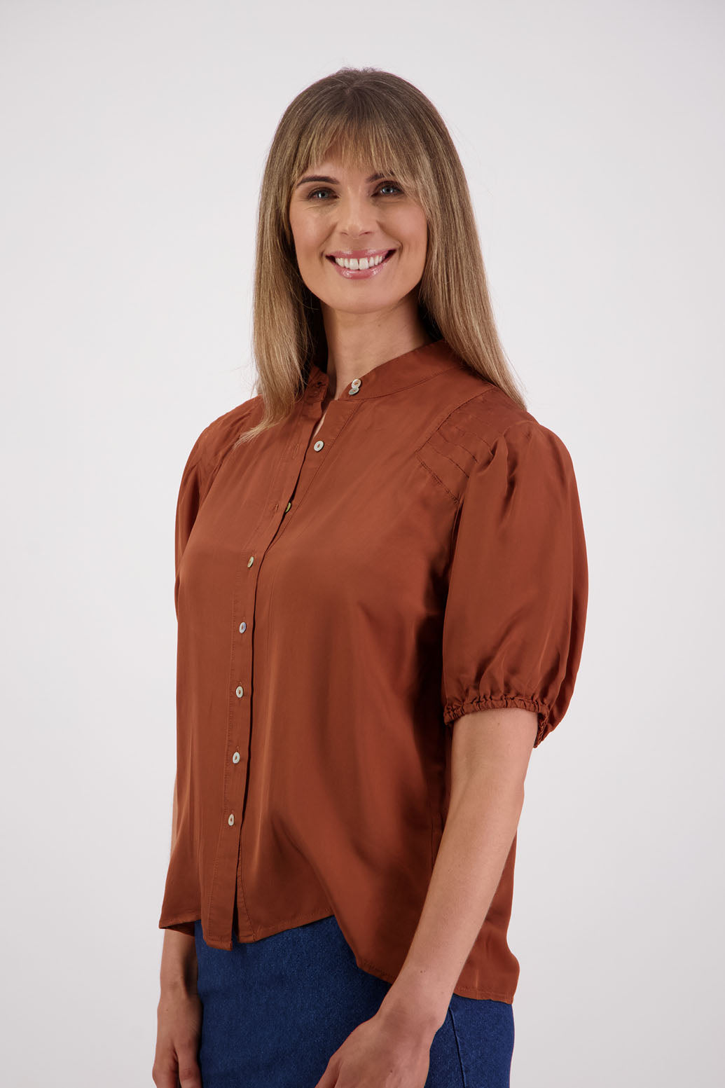 Womens Tan Shirt with Elbow Length Puff Sleeves and Grandpa collar. Briarwood NZ. Saffron. Viscose.