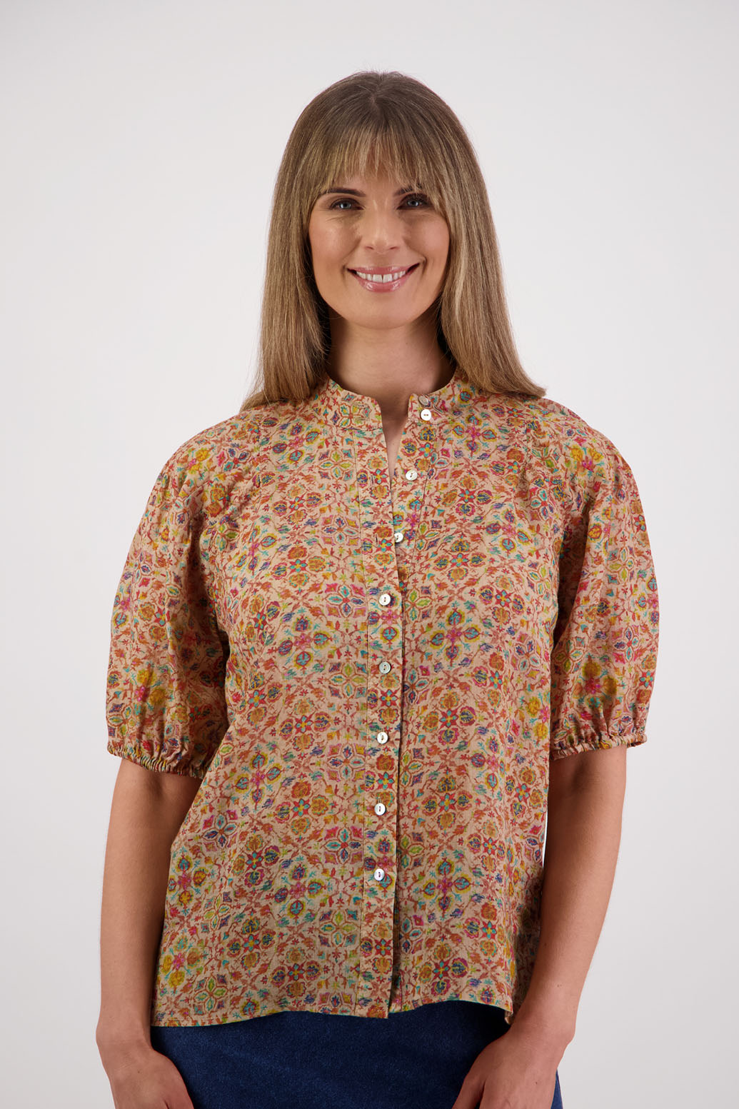 Womens Ramie shirt with pleats across the shoulders, soft puff elbow length sleeves and Grandpa collar. Briarwood NZ. Stevie, Little Leaf print