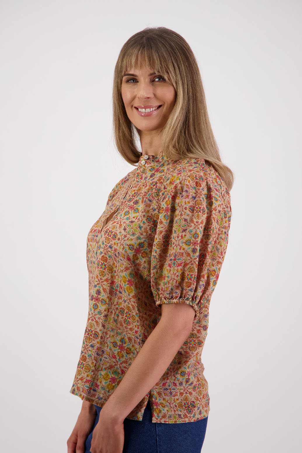 Womens Ramie shirt with pleats across the shoulders, soft puff elbow length sleeves and Grandpa collar. Briarwood NZ. Stevie, Little Leaf print