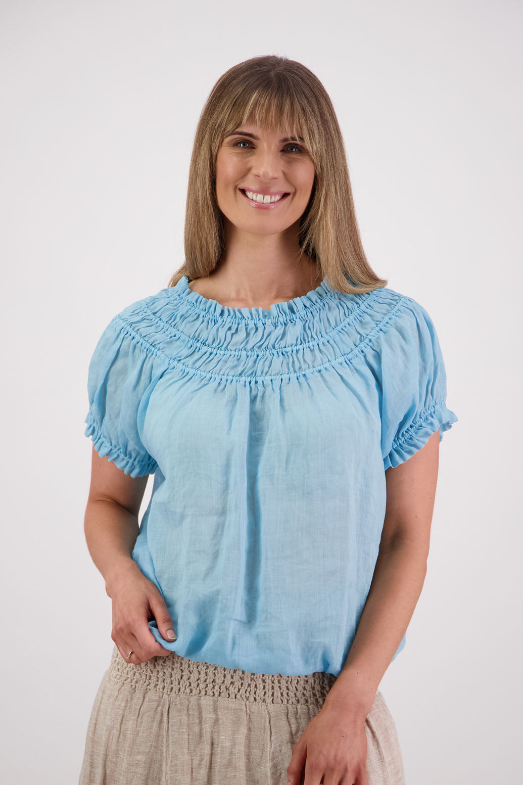 Womens top with shirred neck and ruffle sleeve. Briarwood NZ. Sal, Aqua, Ramie