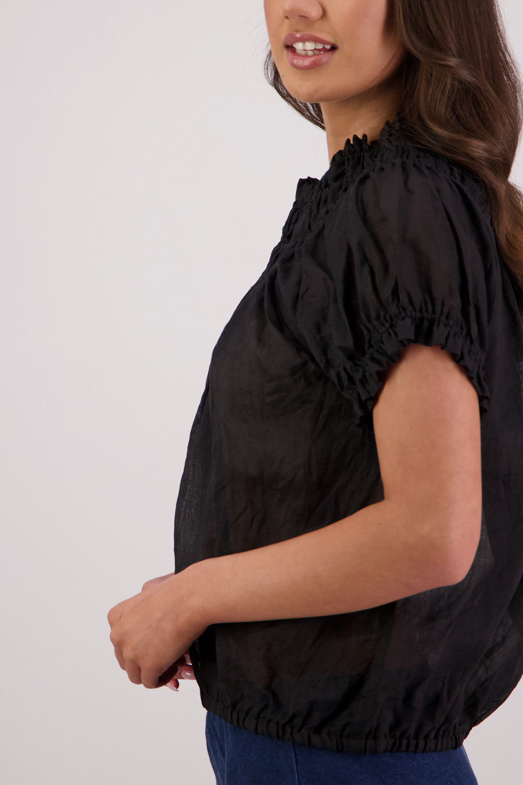 Closeup side view Briarwood Sal Top in Black.