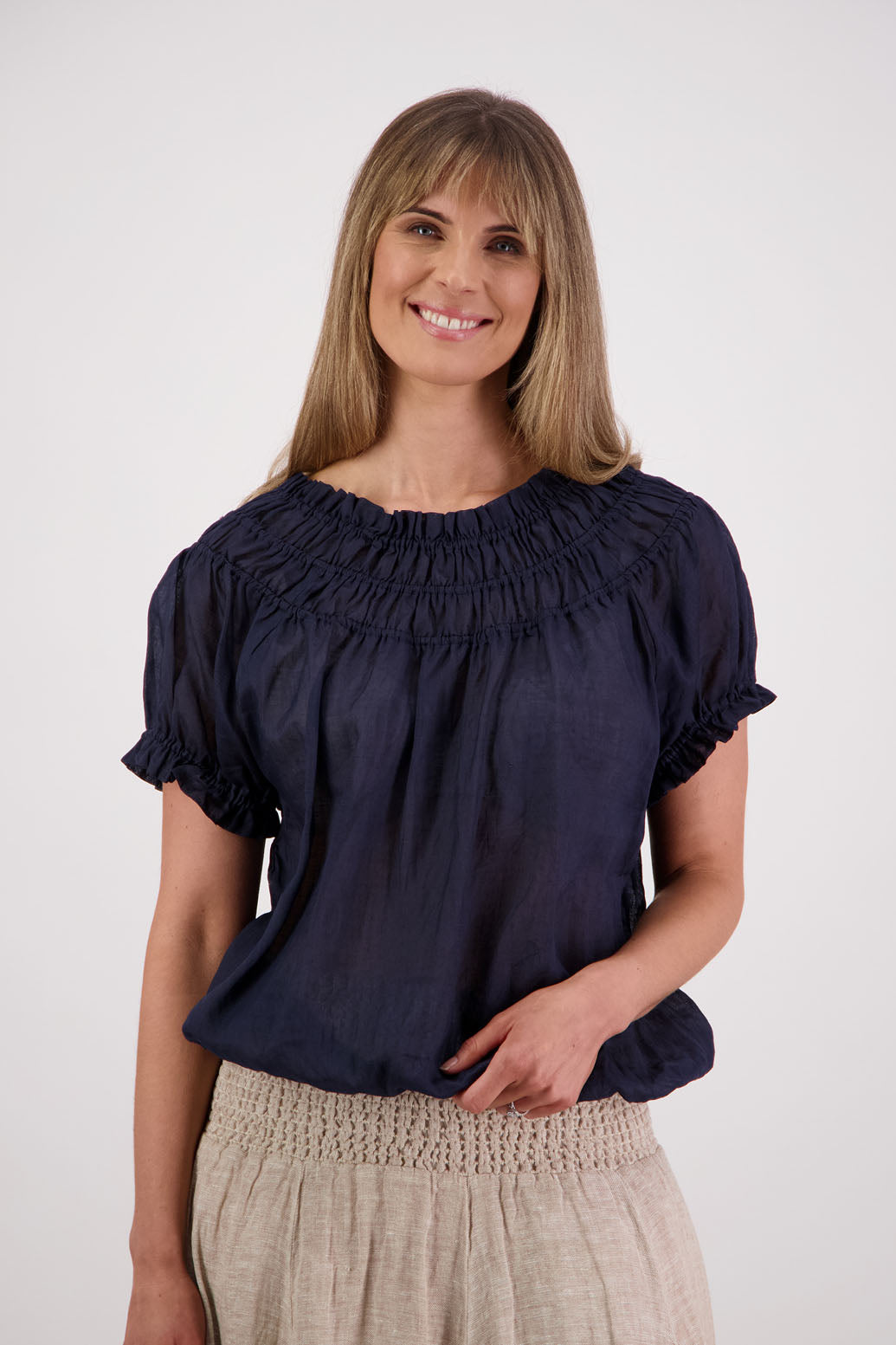 Womens top with shirred neck and ruffle sleeve. Briarwood NZ. Sal, Ink/Navy, Ramie