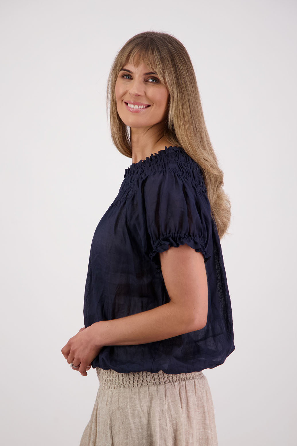 Womens top with shirred neck and ruffle sleeve. Briarwood NZ. Sal, Ink/Navy, Ramie